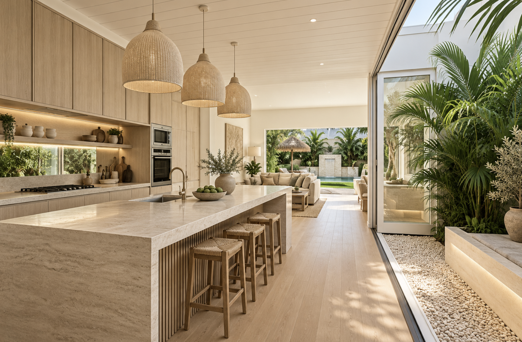 Residential kitchen renovation in Balmain, Sydney, featuring a natural stone island benchtop, custom timber cabinetry, integrated appliances, pendant lighting, oak flooring and seamless indoor-outdoor living – Sydney City Renovations.