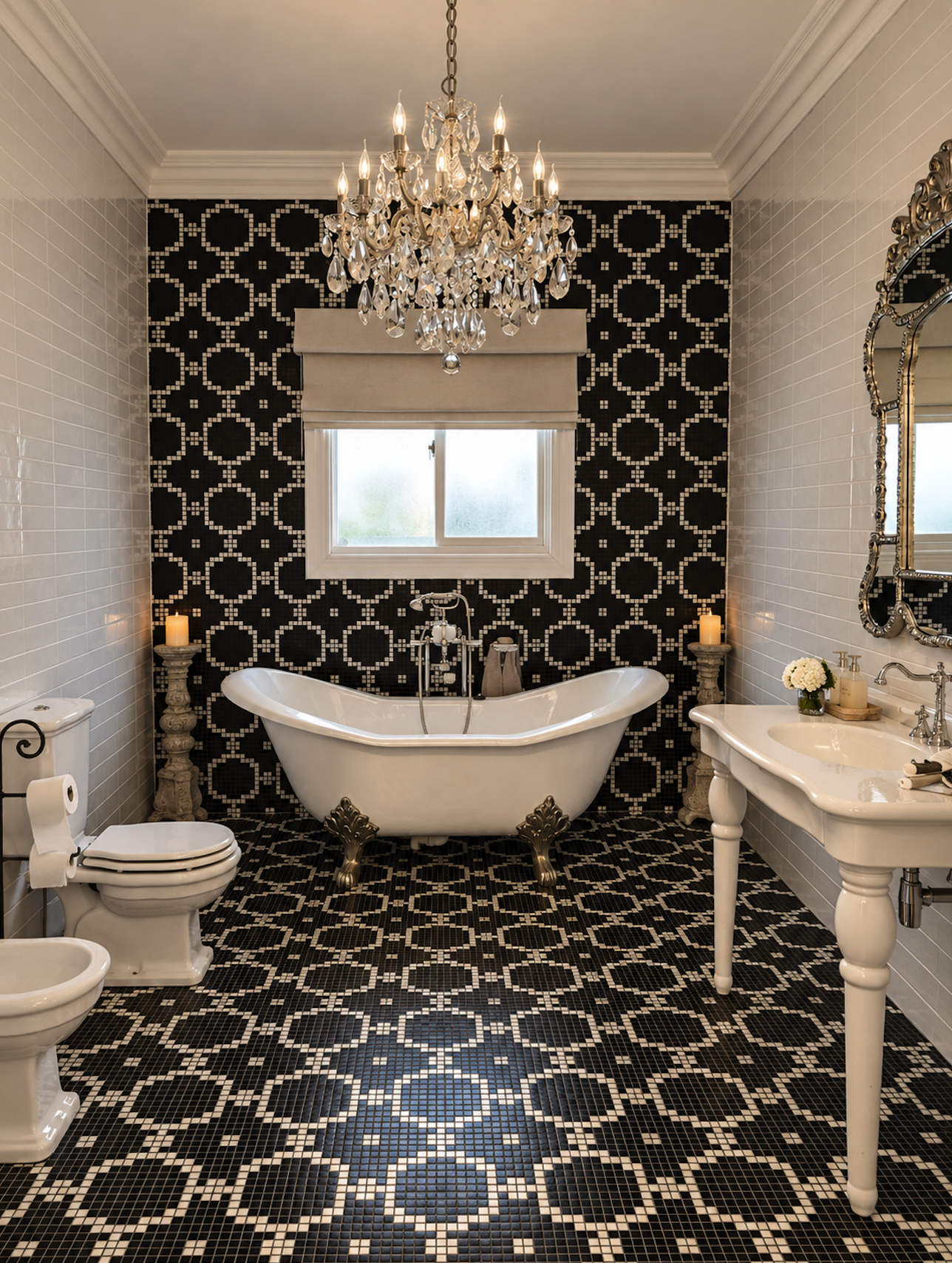 Sydney City Renovations luxury bathroom renovation in Ashbury, Sydney, featuring a freestanding clawfoot bathtub, intricate black-and-white mosaic tiles, crystal chandelier, traditional vanity and ornate mirror, blending heritage with modern touch.
