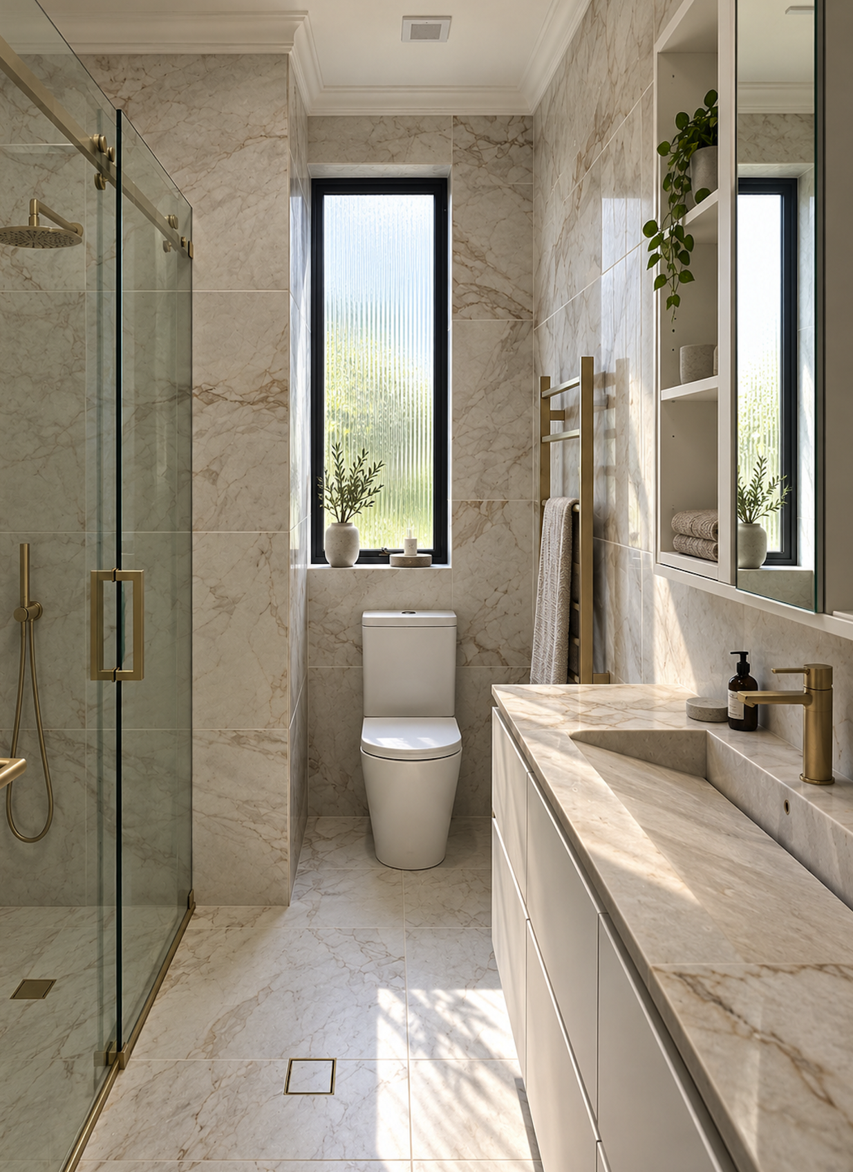New build granny flat in Marrickville, Sydney, featuring a luxury modern bathroom with marble-look tiles, frameless glass shower, and custom vanity – Sydney City Renovations, specialists in granny flat construction and residential building projects.
