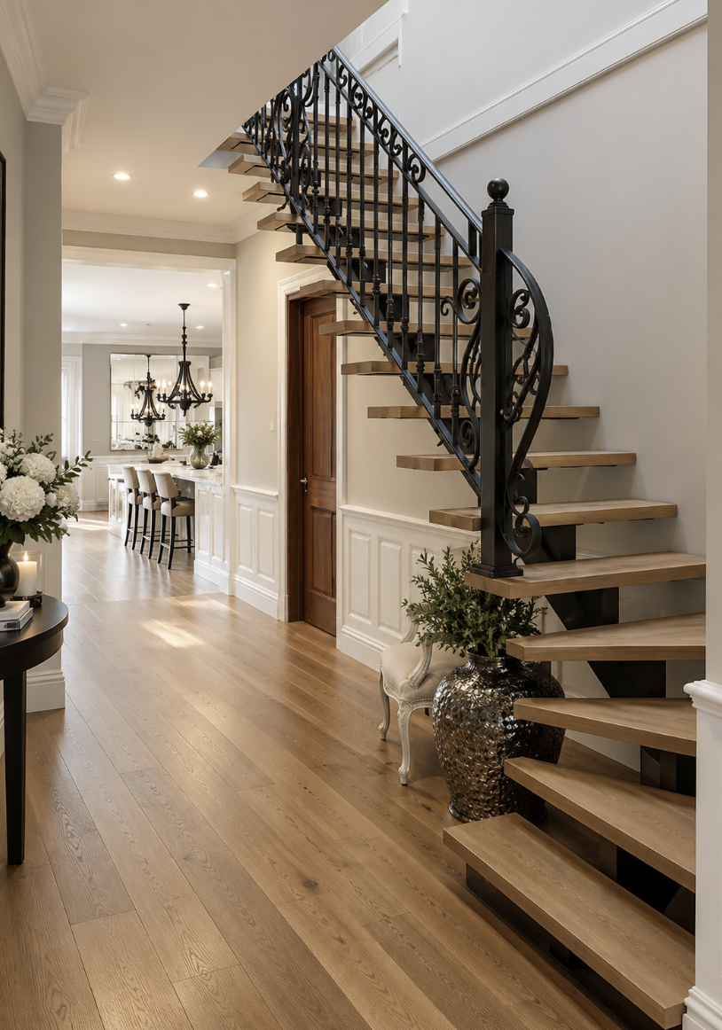 Sydney City Renovations luxury residential renovation featuring a timber staircase with ornate black wrought-iron balustrades, natural oak flooring, decorative wall panelling and elegant heritage detailing, creating a timeless and sophisticated home.