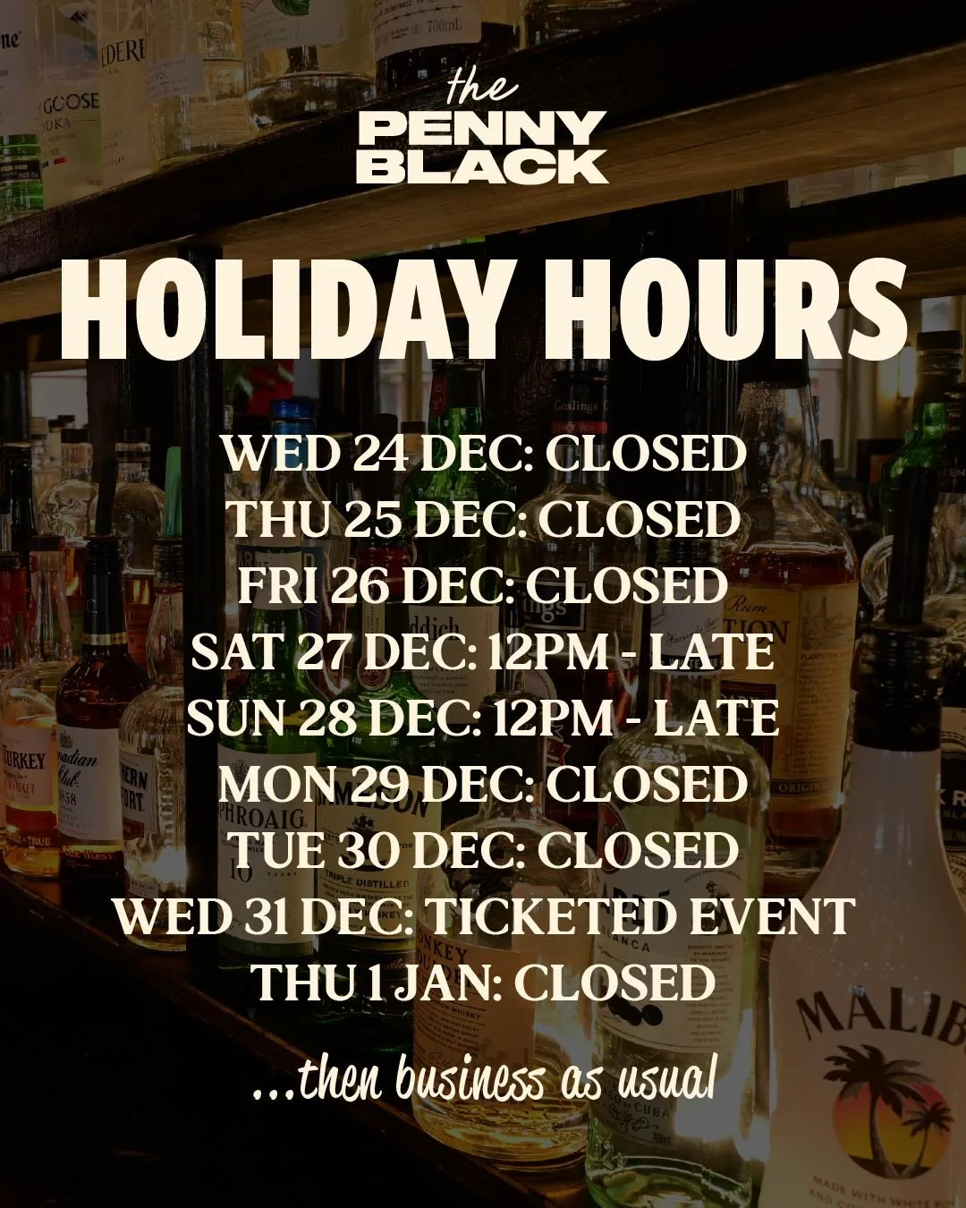 Feast your eyes upon our holiday hours. 🎄

Wednesday 24 - Friday 26 December: CLOSED to eat heaps of food and drink heaps of bevs with friends and fam. 

Saturday 27 &amp; Sunday 28 December: Business as usual but we'll likely be moving slower on ac