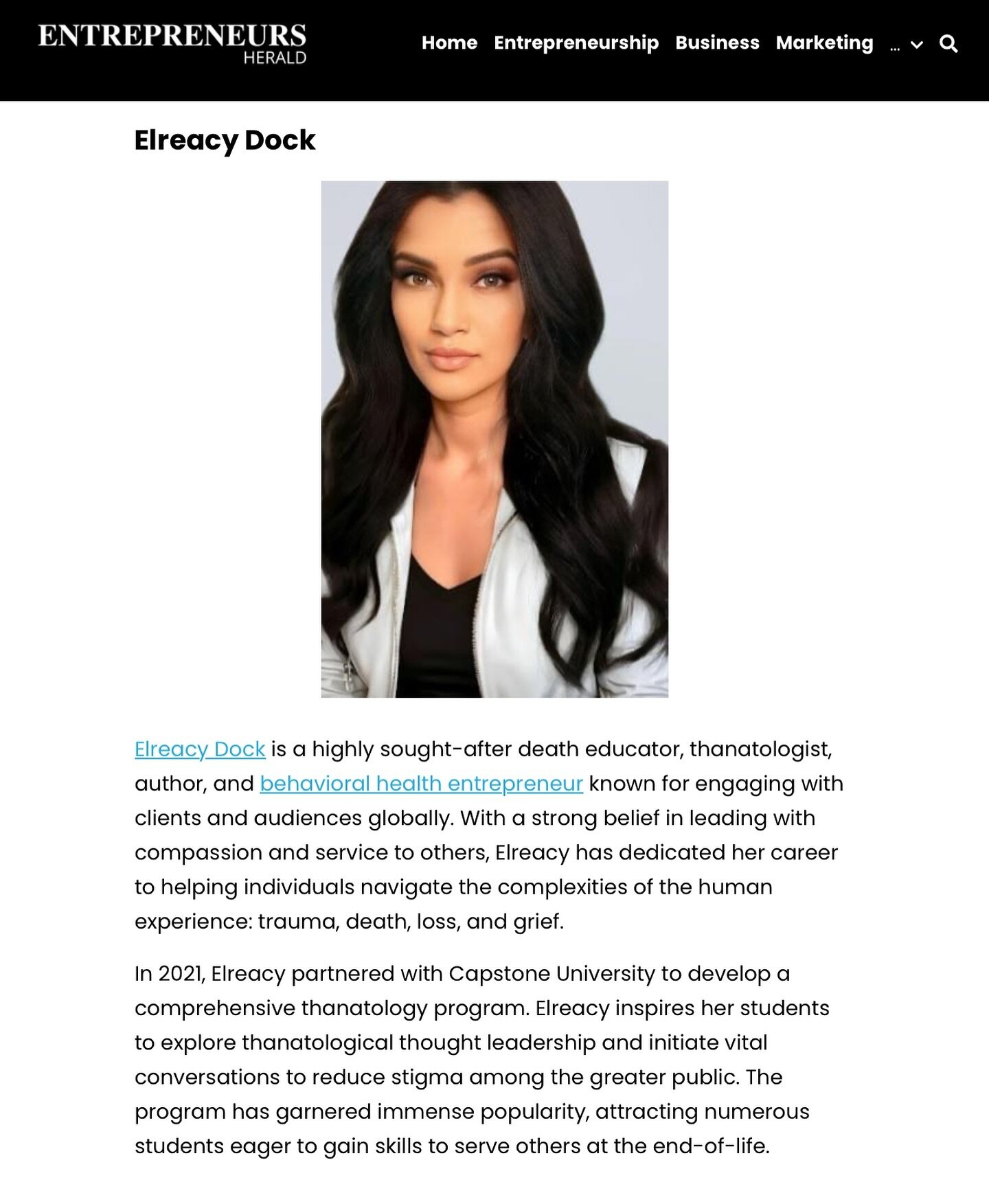 I am very grateful for this feature in @entrepreneursherald as one of the Top 20 Female Entrepreneurs To Look Out For In 2024! 

#entrepreneurship #deatheducation #deatheducator #behavioralhealth