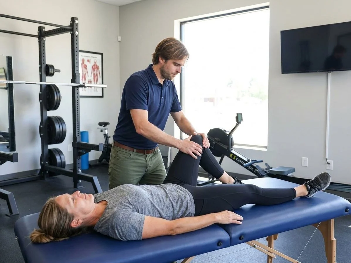 Patient receiving manual therapy on the knee at a performance physical therapy clinic in Bend, OR