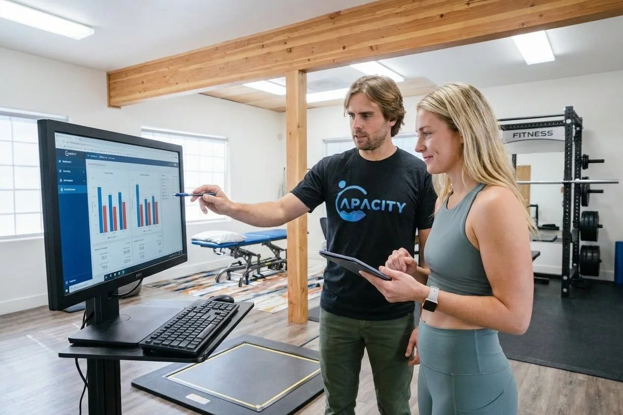 Physical therapist reviewing force plate testing data with a patient at a performance physical therapy clinic in Bend, OR