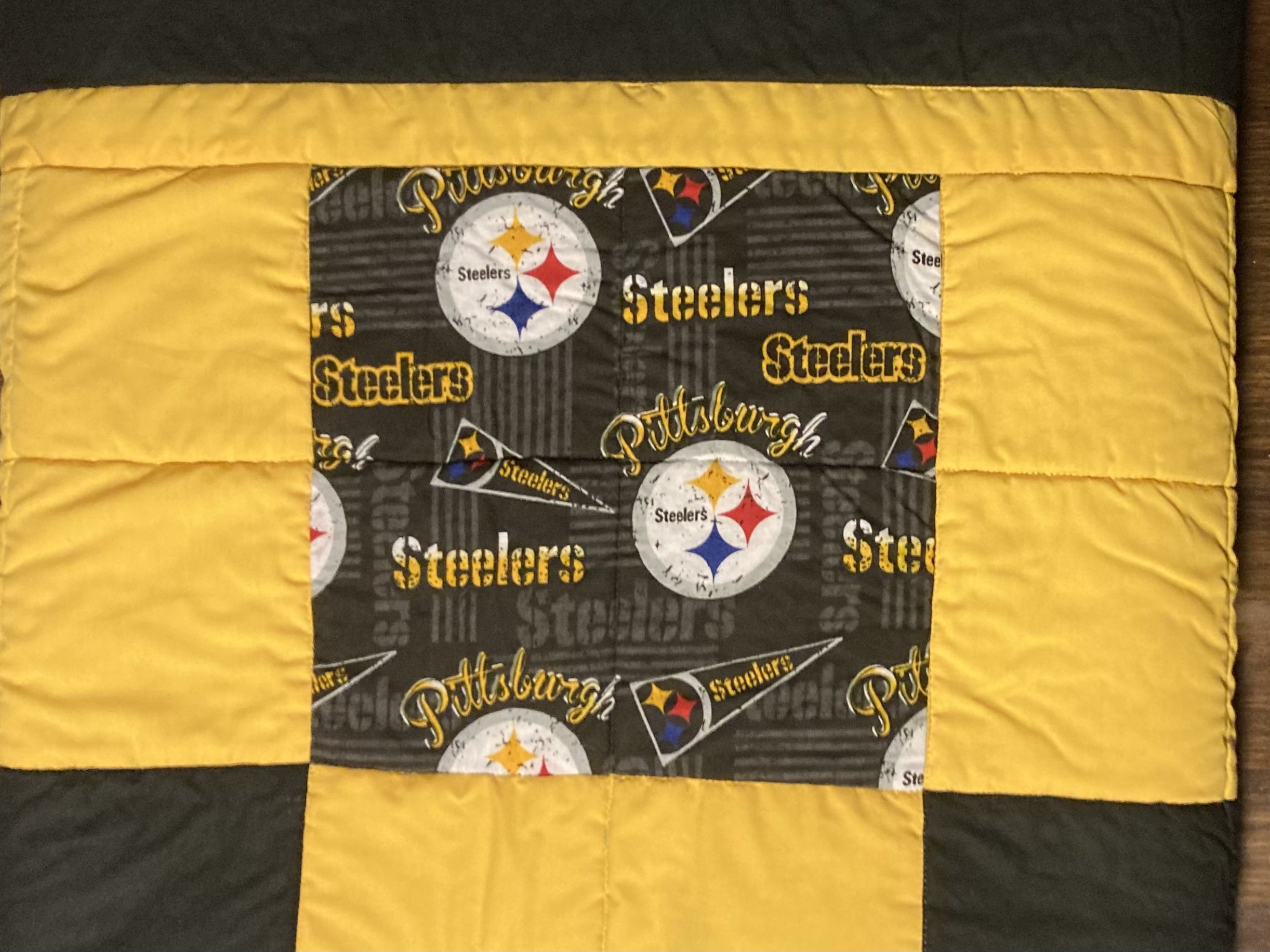 Custom designed personal Steelers Quilt. A custom one of a kind quilt. Quilts are 60” X 60”, great for a snowy days and watching football.