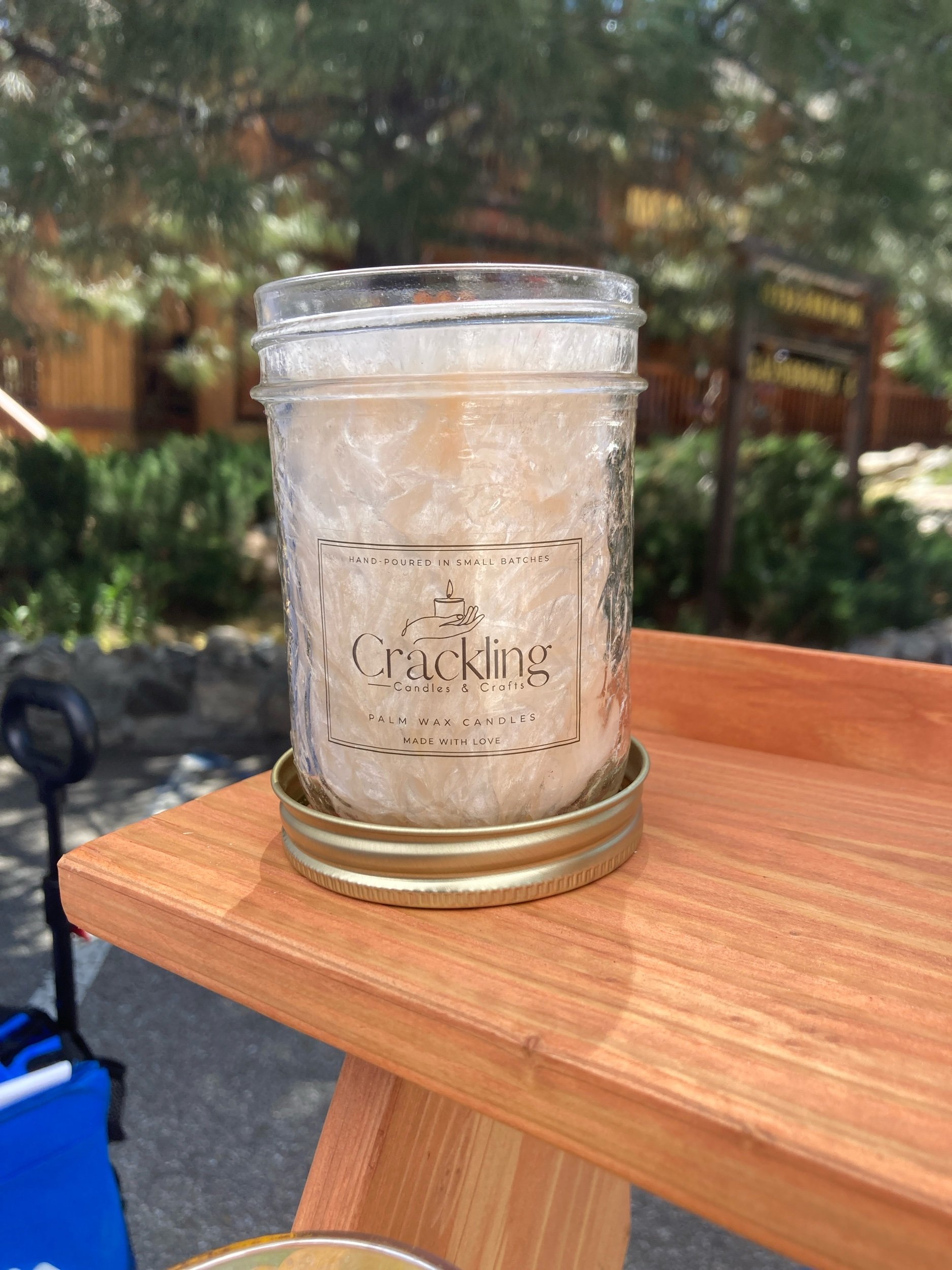 Recycled 6 OZ jar candle scented as Mango peach Salsa Picante with a wooden wick. Custom Candle with Palm Tree wax, it gives it a Crystal look. Handmade with natural fragrance oils.