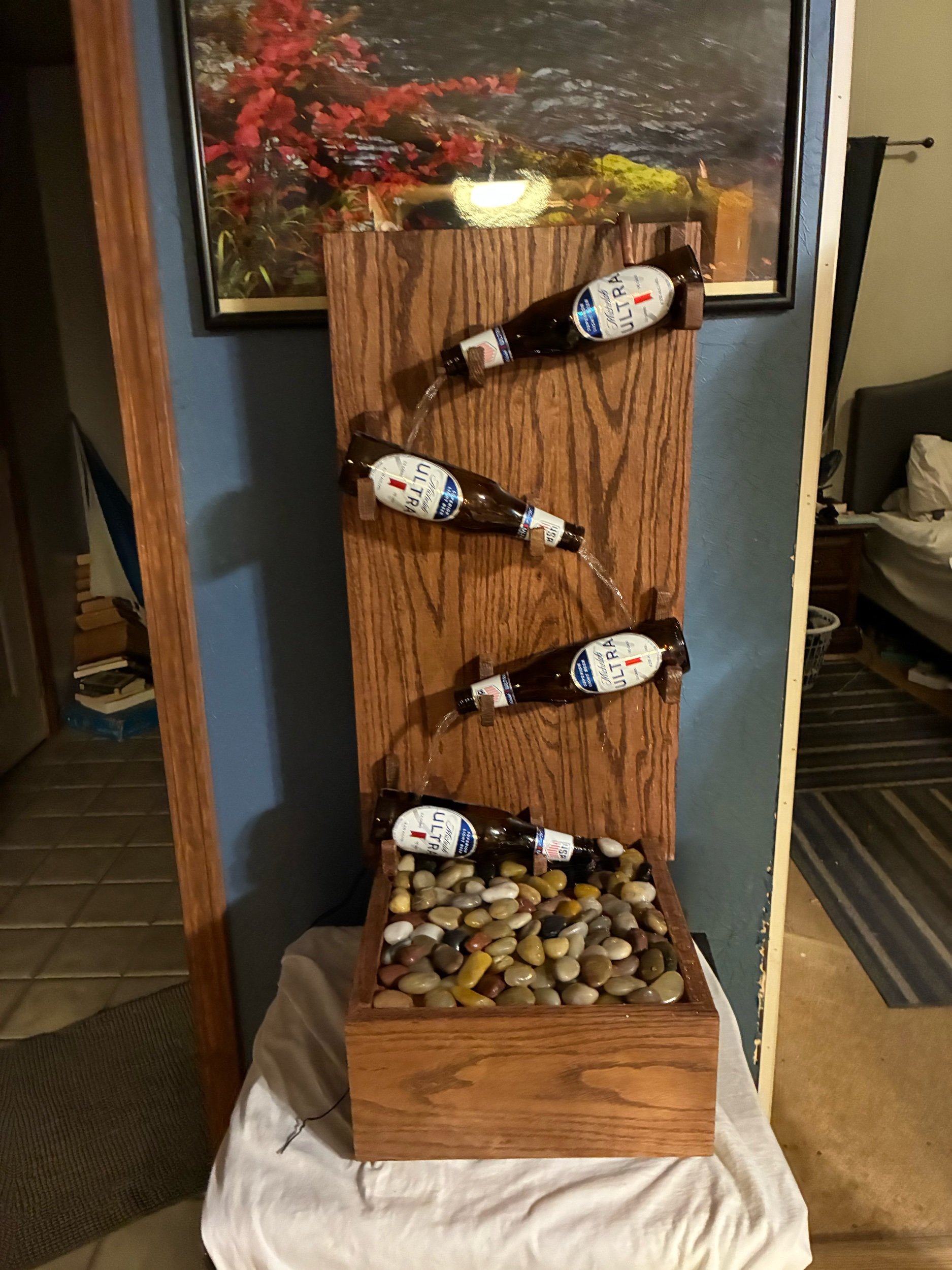Wooden Fountain Beer Bottle Art Handmade Tabletop Waterfall, Cascading Design Water Feature, Man Cave Display Unique Gift Beer Collector, River Rocks Basin LED Lighting