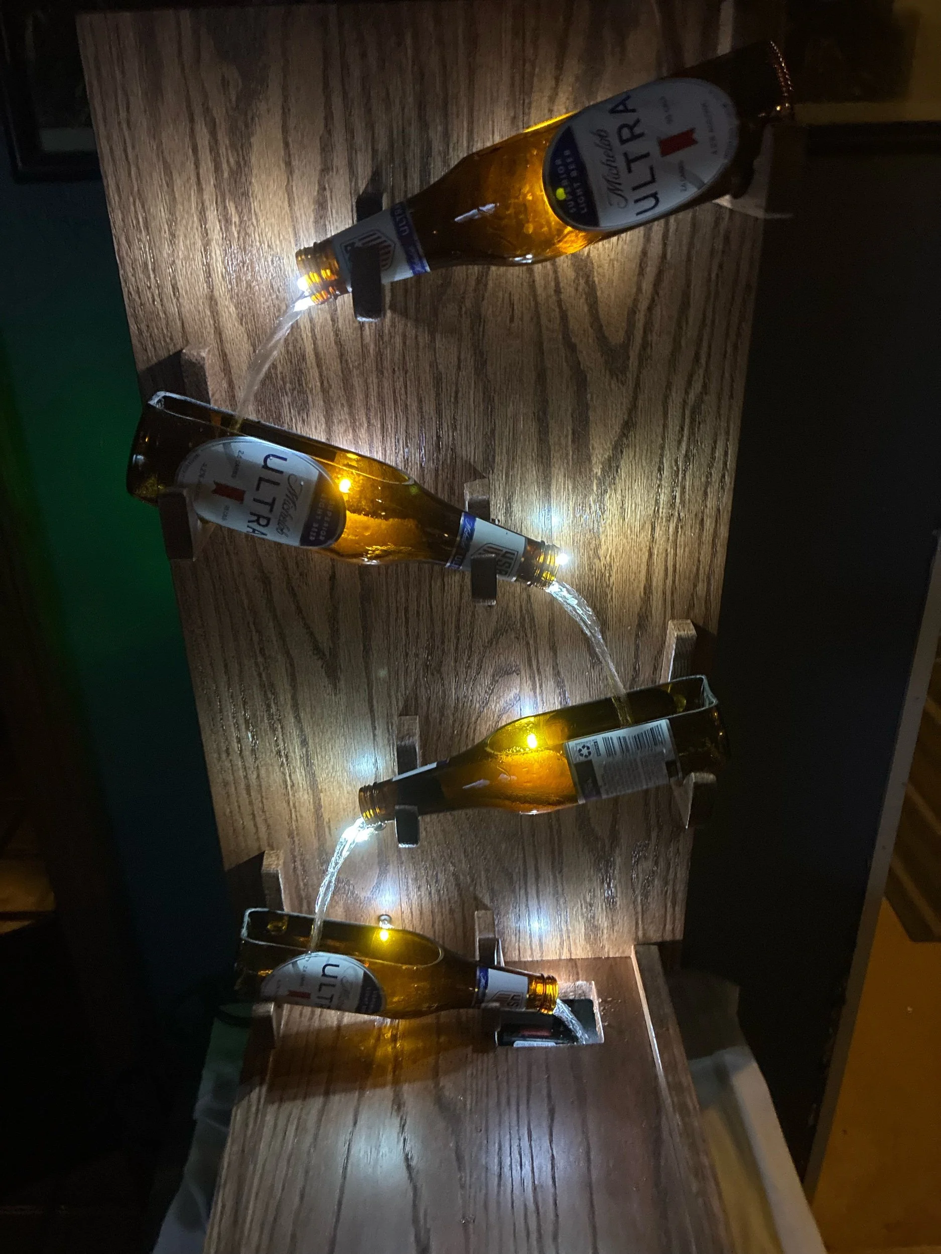 Unique Bar Gift Beer Bottle Water Fountain Handmade Wooden Sculpture, Collector Displaying, Cascading Waterfall Feature Man Cave Art Rustic Design, River Rocks