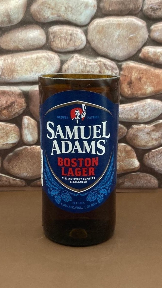 Samuel Adams Upcycled Boston Lager Bottle Candle with a wooden wick. Unique gift for someone special or yourself. Custom made to order.