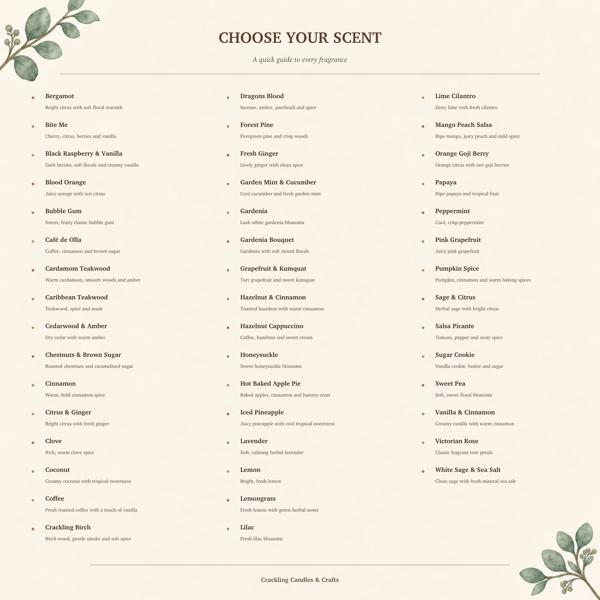 Crackling Candles & Crafts scent selection chart featuring available handmade palm wax candle fragrances.