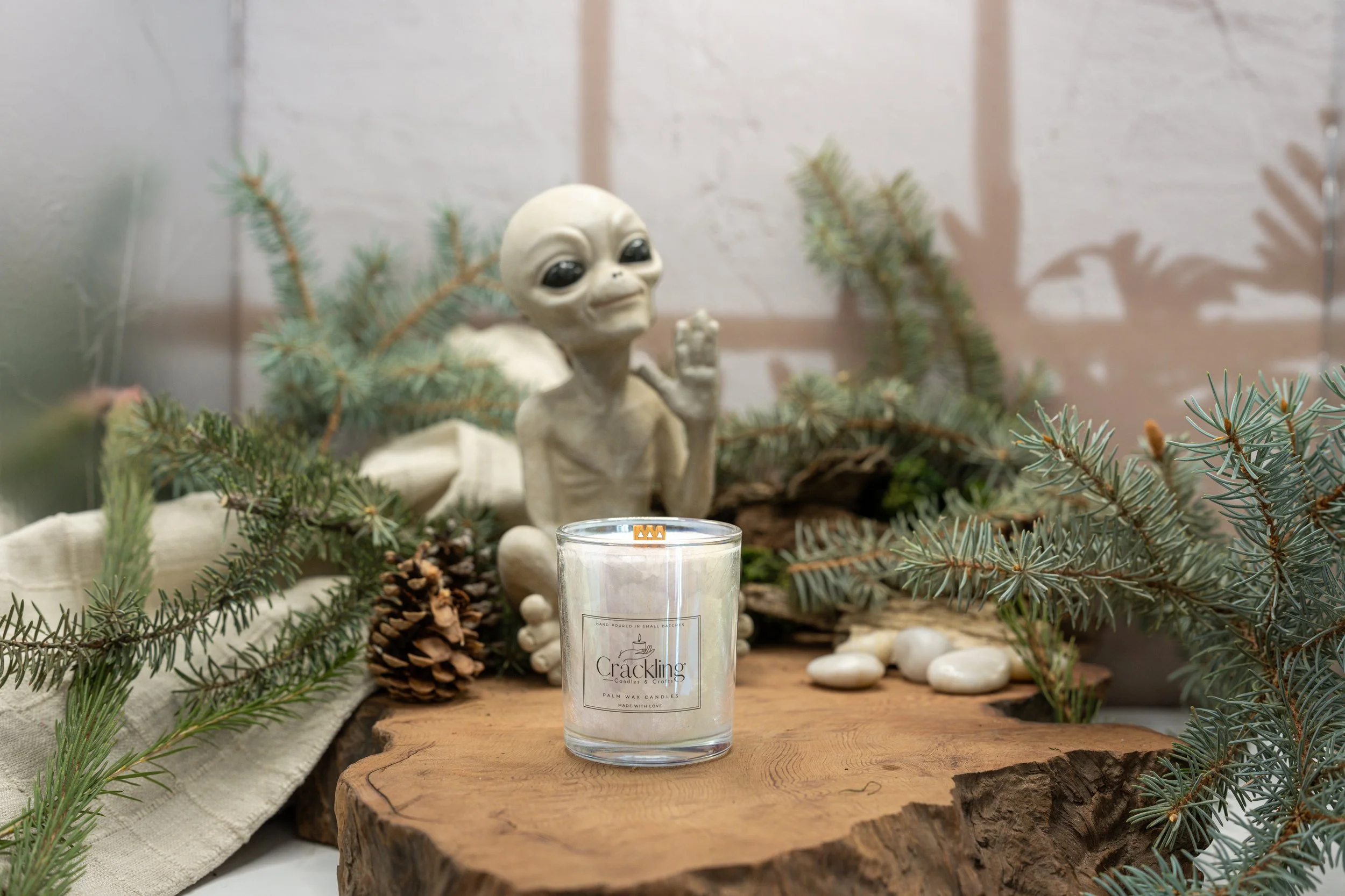 Forest Pine candle in a glass jar on a live-edge wood slab, surrounded by evergreen branches, pinecones, smooth stones, and an alien figurine.