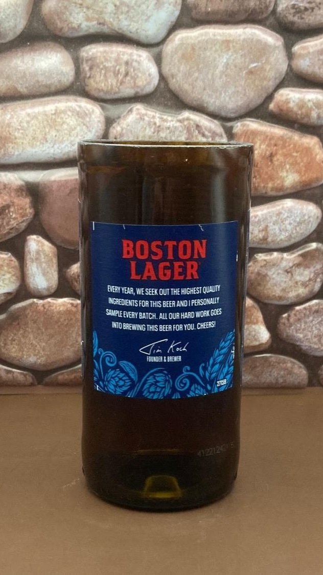 Samuel Adams Upcycled Boston Lager Bottle Candle with a wooden wick. Unique gift for someone special or yourself. Custom made to order.