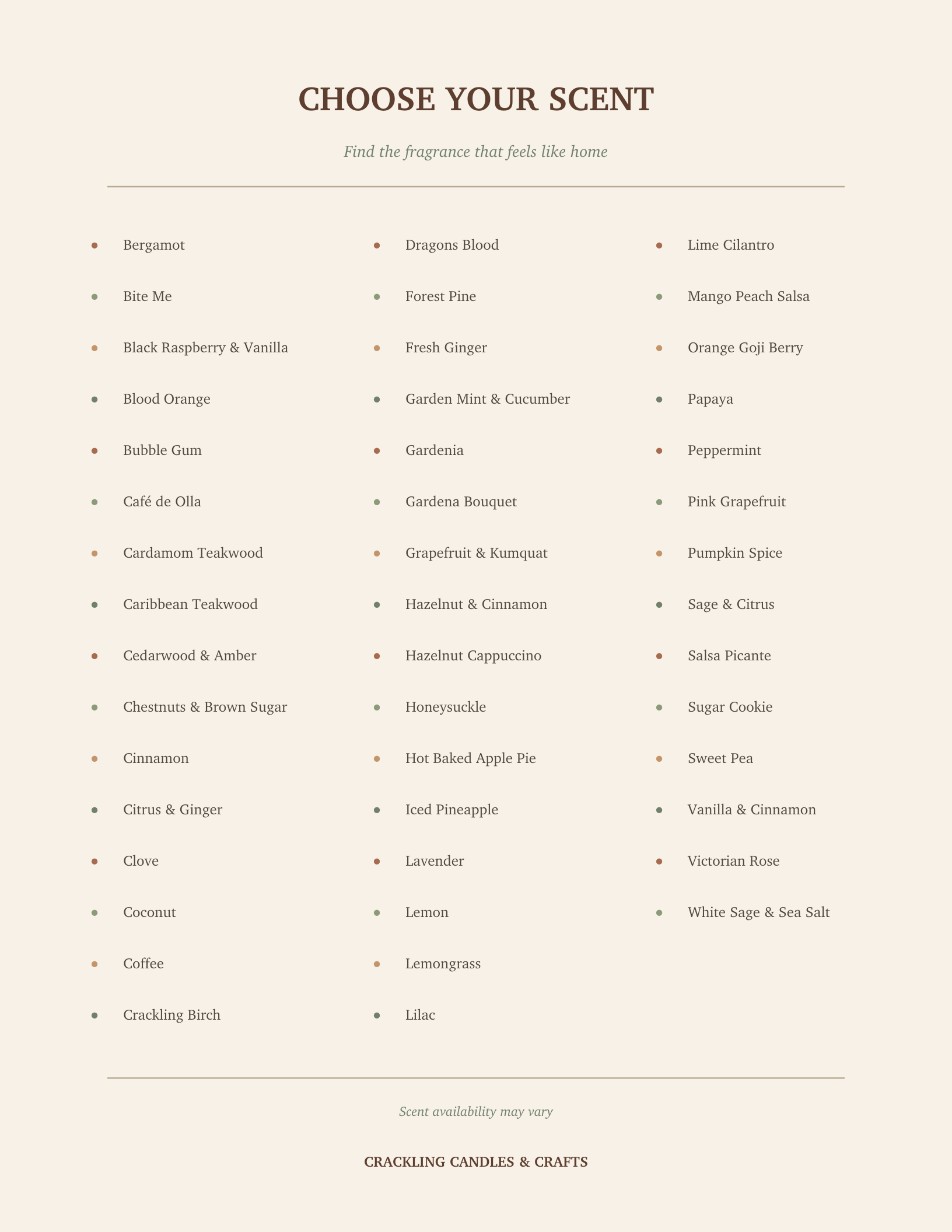 Crackling Candles & Crafts scent selection chart featuring available handmade palm wax candle fragrances.