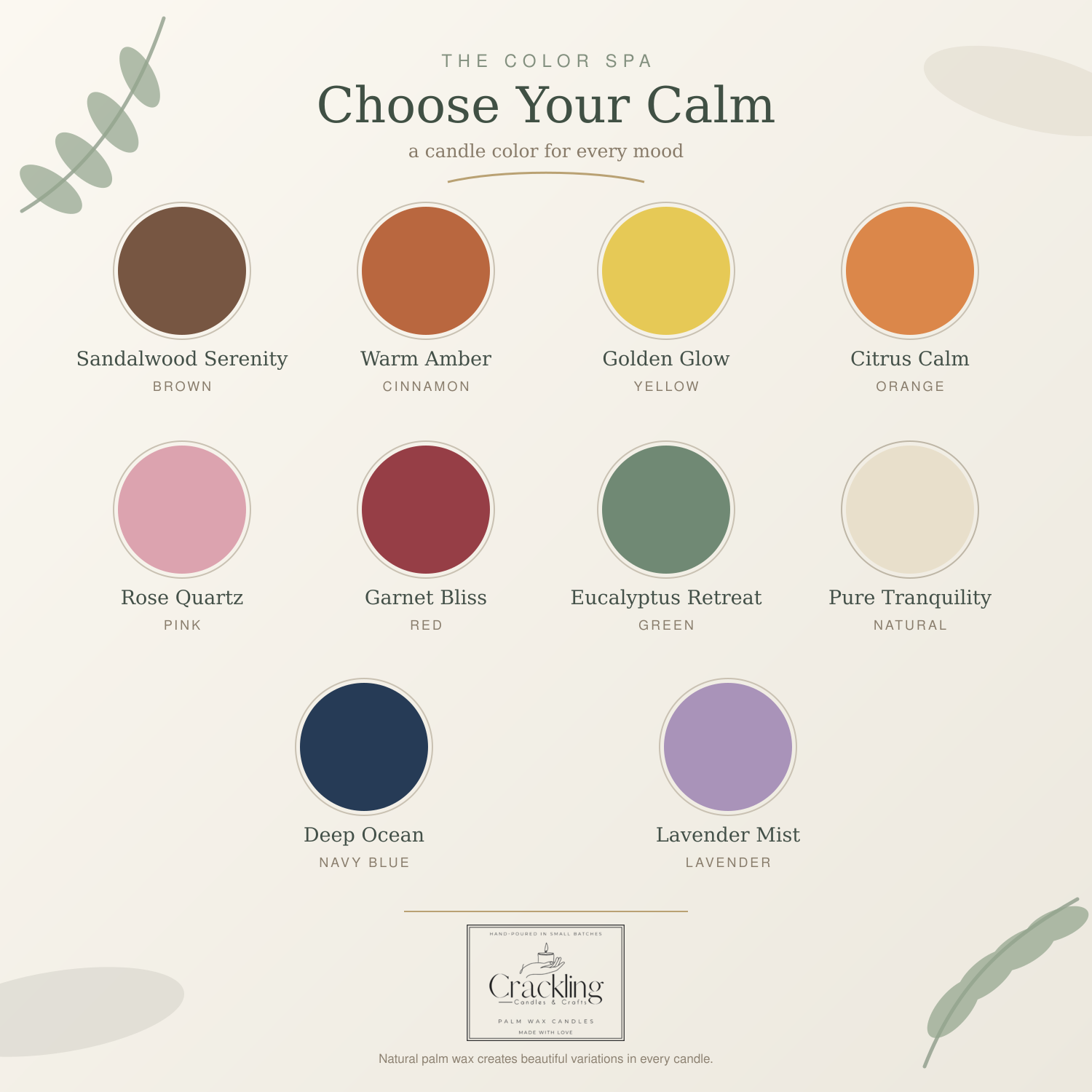 Candle color guide showing 10 available spa-inspired colors for handcrafted palm wax candles.