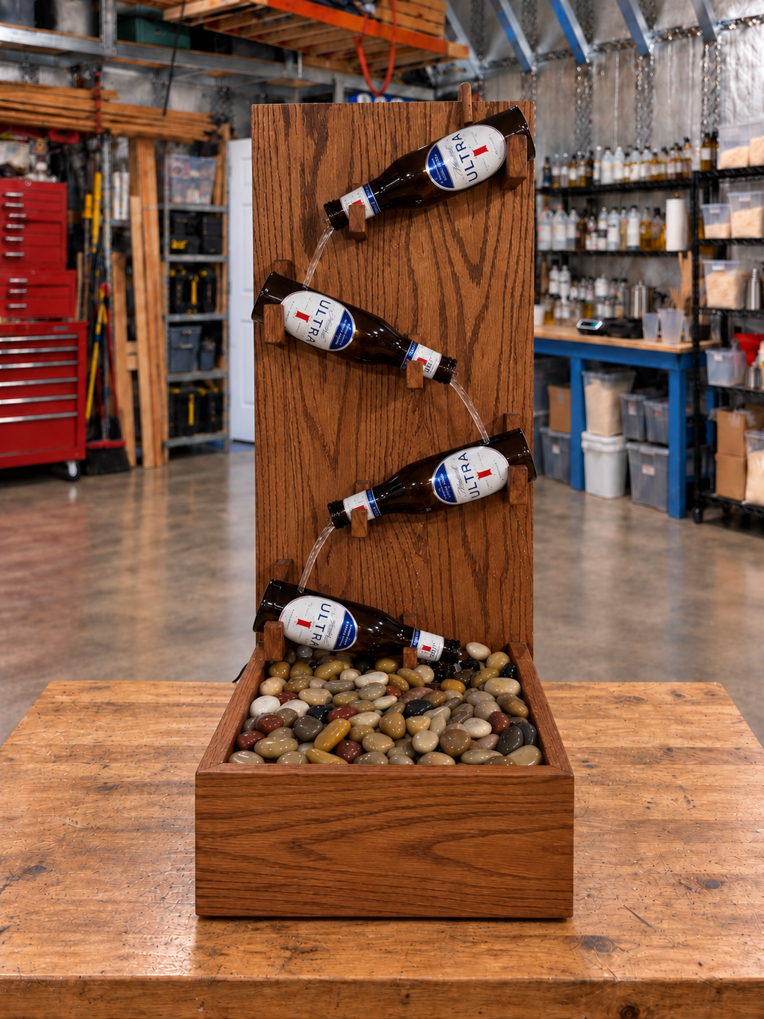 Red oak fountain with four Michelob Ultra bottles and a river rock basin on a wooden workbench with the lights off.