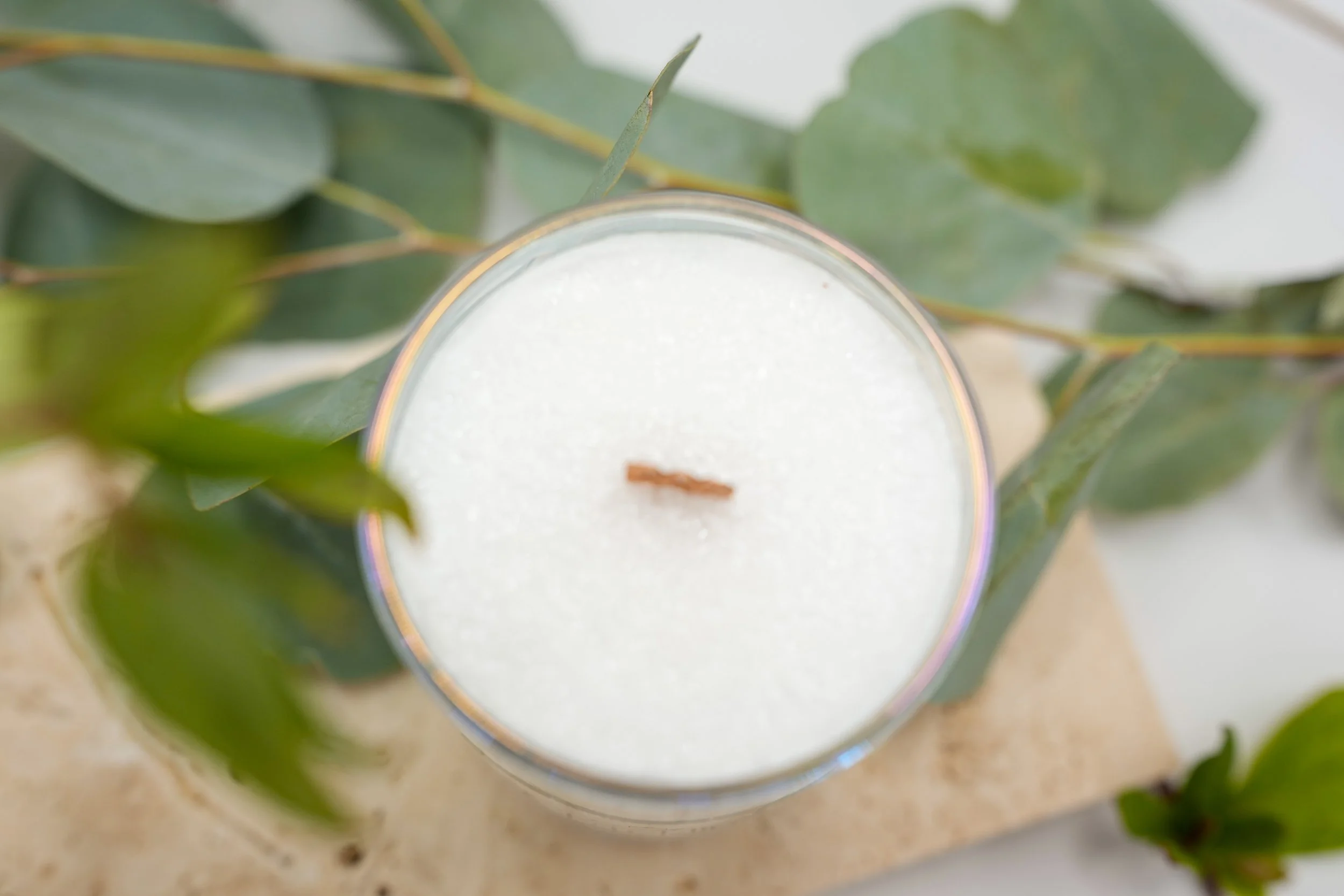 Top view of the Eucalyptus & Spearmint palm wax candle, showing white wax and a wooden wick in a clear glass jar surrounded by eucalyptus leaves.