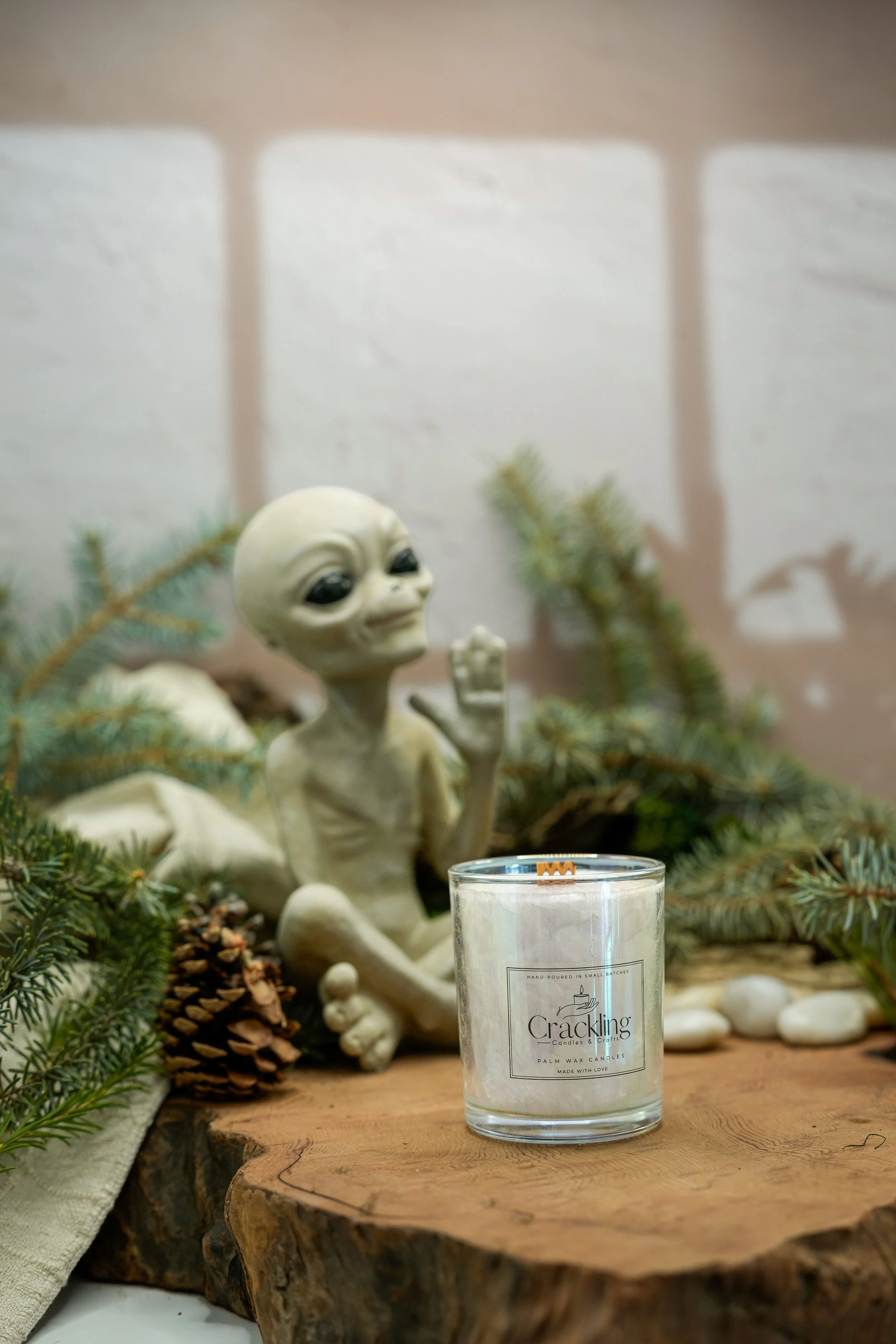 Close-up of the Forest Pine candle in a glass jar beside an alien figurine, surrounded by evergreen branches and pinecones.