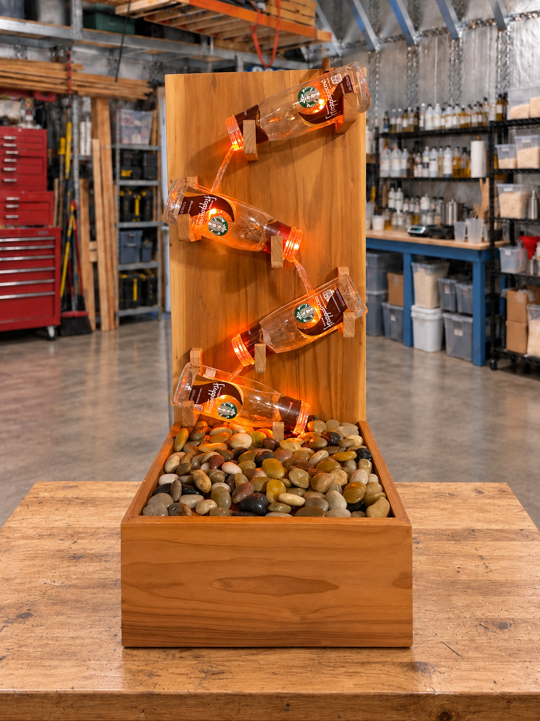 Redwood fountain with four upcycled Starbucks Frappuccino bottles, glowing LED lights, and a river rock basin on a workbench.
