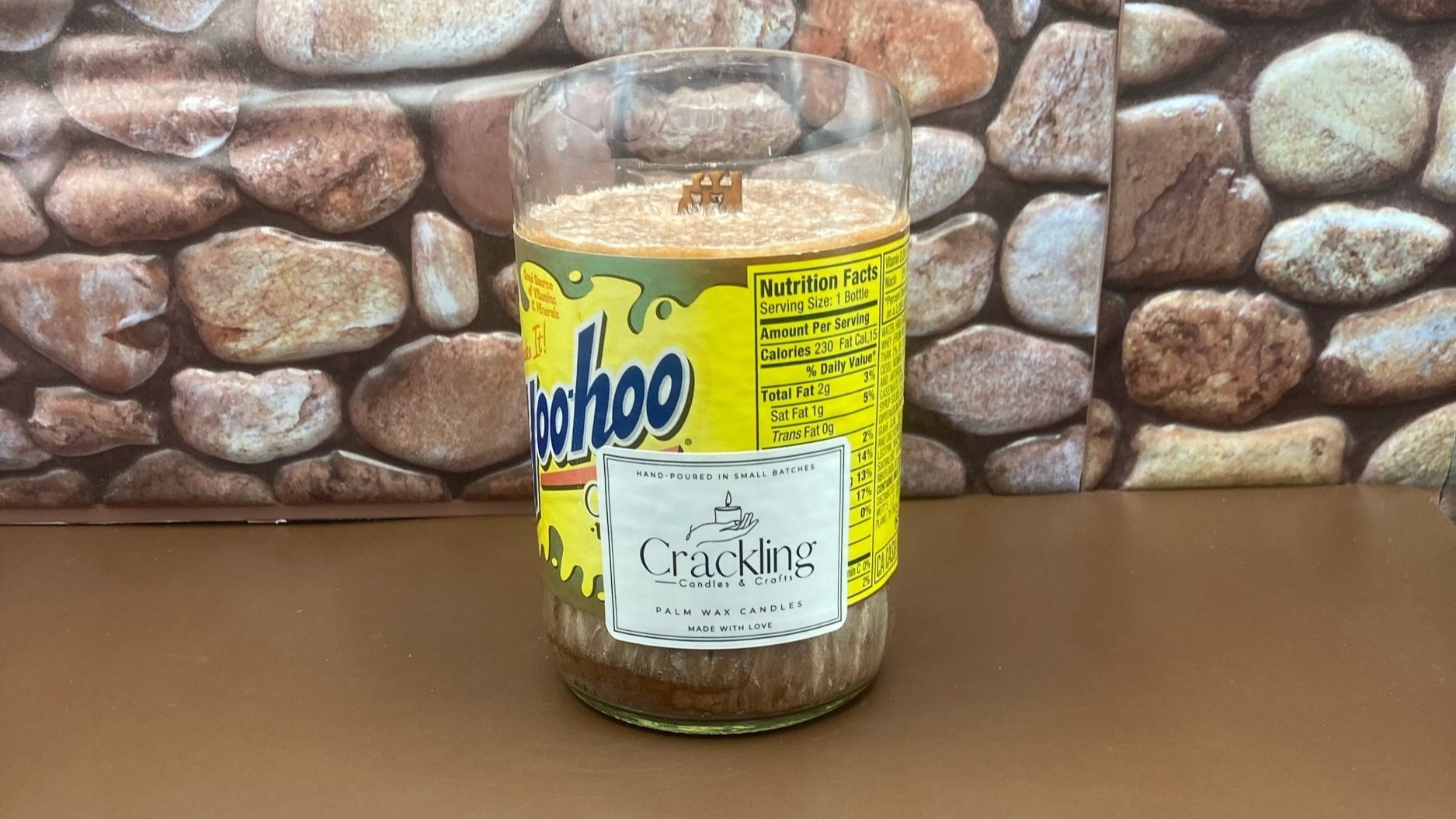 Yoohoo Bottle Candle. Scented Hazelnut Cappuccino & Cinnamon. Made with palm wax and Phthalate Free natural fragrance oils.