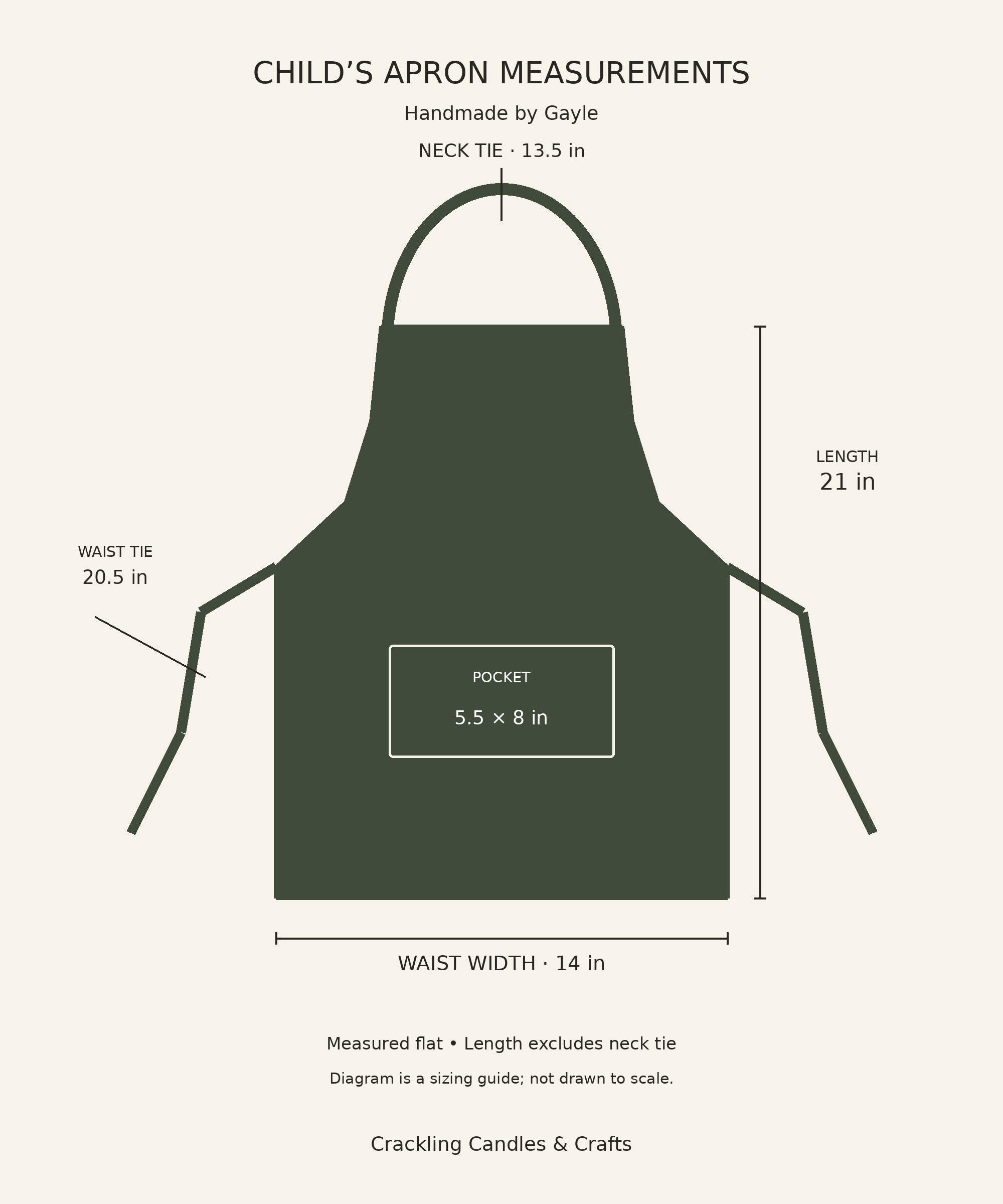Children’s apron measurement guide showing apron length, waist width, neck tie, waist ties, and front pocket dimensions in inches.