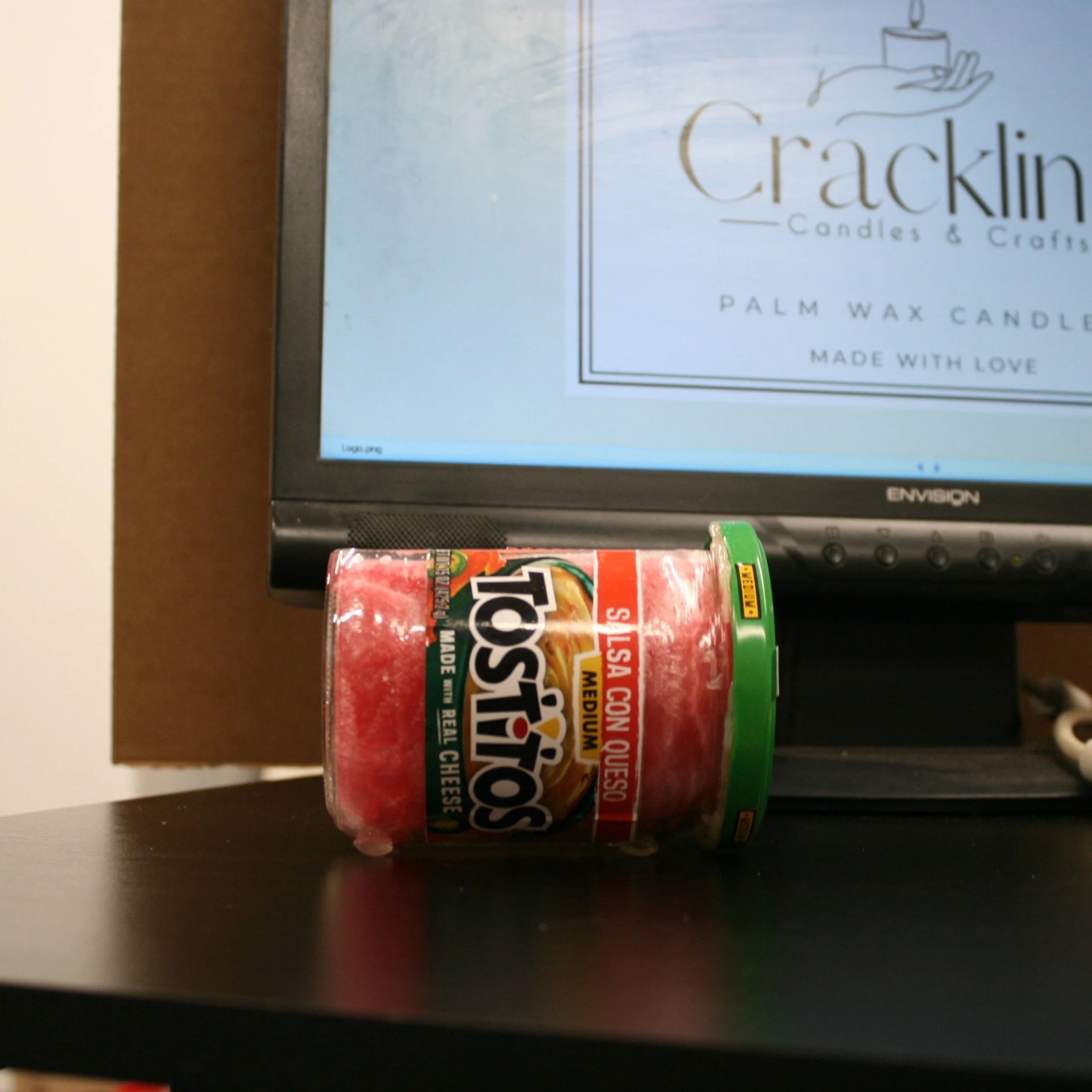 Tostitos Side Cut Candle Scented Mango Peach Salsa. Comes with a Wood Wick, unique Candle Holder