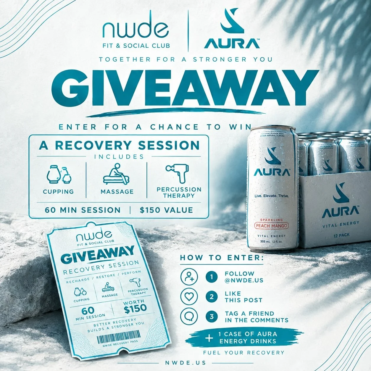 🎉 NWDE x AURA GIVEAWAY 🎉

It&rsquo;s time to RECOVER + RECHARGE. 💆&zwj;♂️⚡️

We&rsquo;re giving ONE lucky winner:
✨ 60-Min Recovery Session
🫧 Cupping
💆 Massage
⚡ Percussion Therapy
💰 $150 Value
🥤 + 1 CASE of AURA Energy Drinks

HOW TO ENTER:
1
