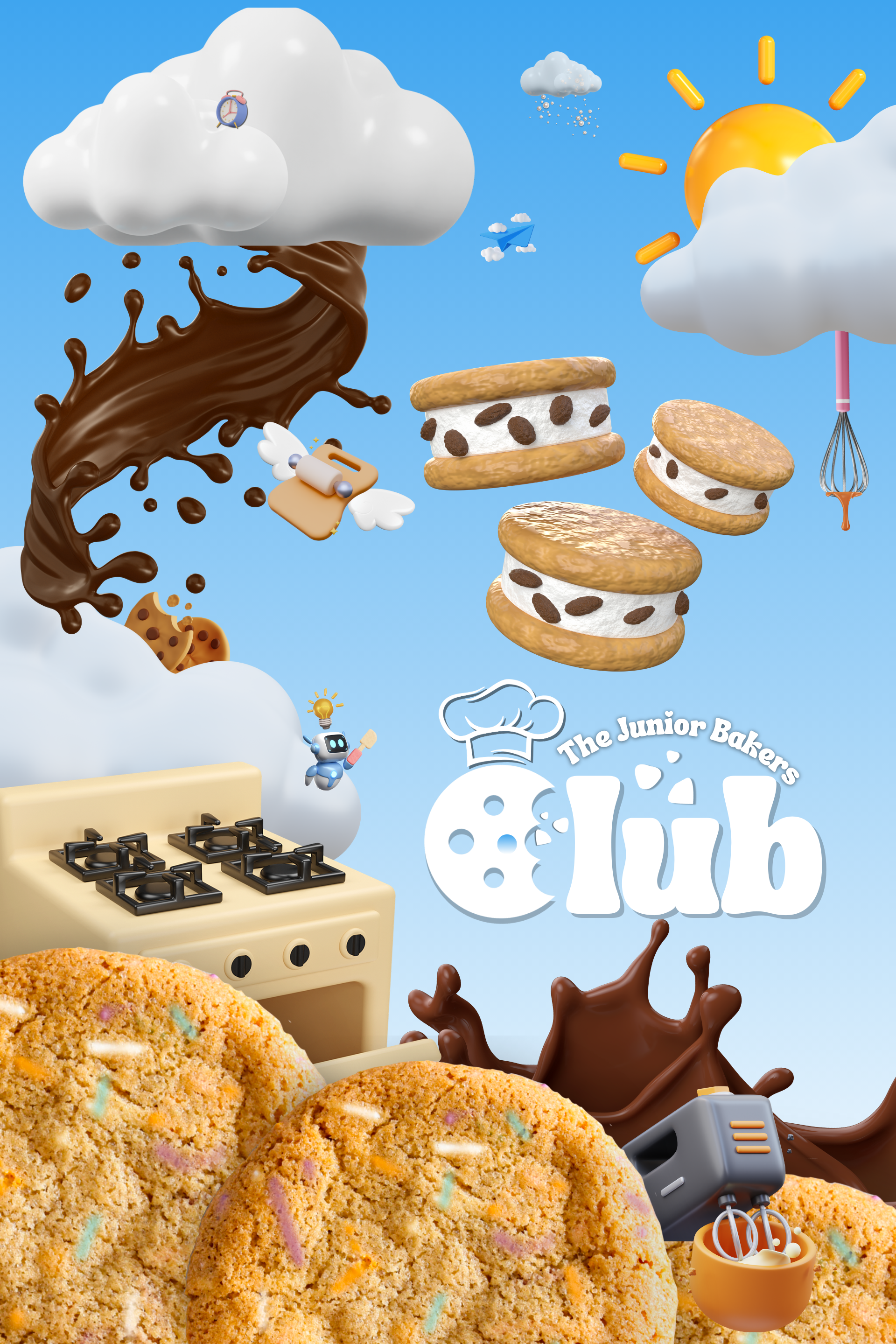 Close-up of chocolate chip cookies with colorful sprinkles in the foreground, with animated kitchen and baking elements, clouds, and sun in the background.