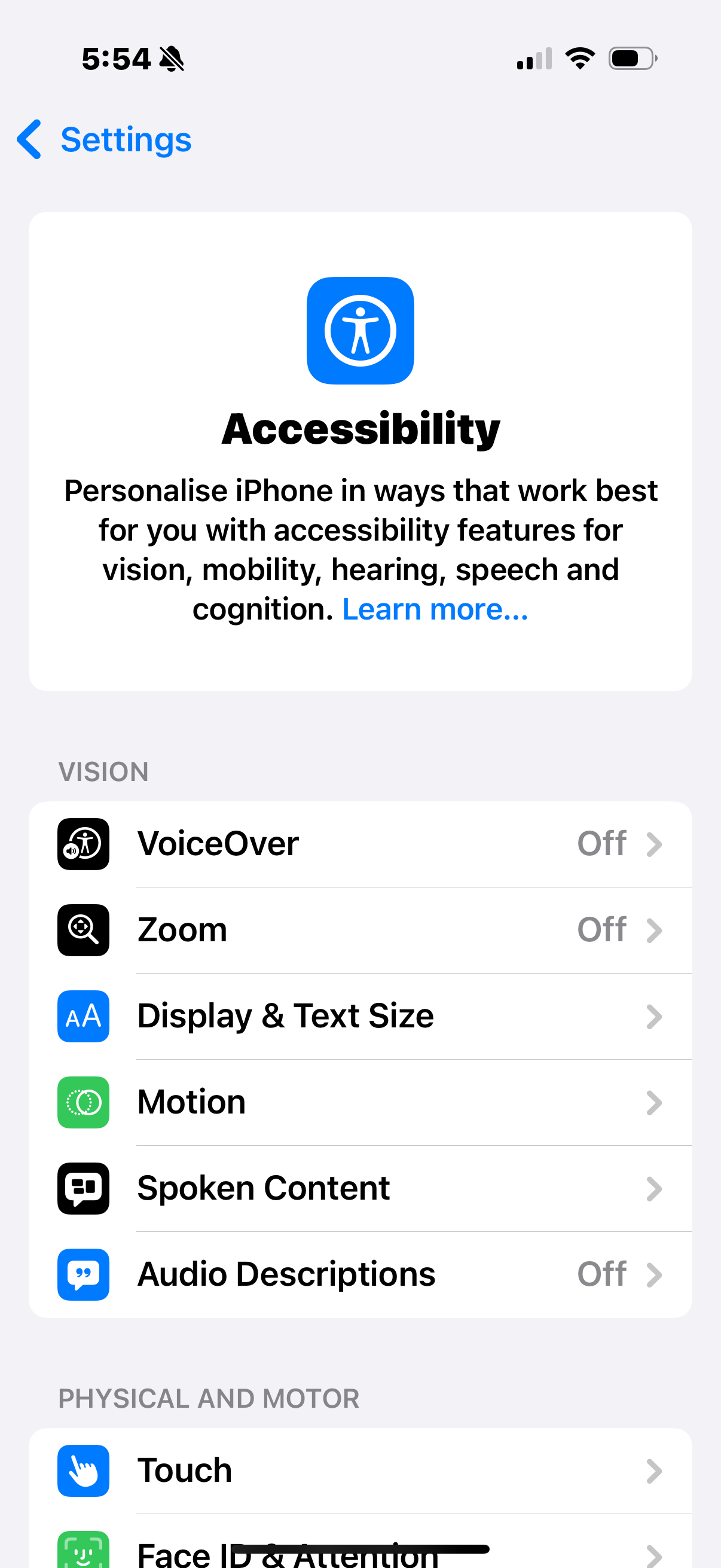 Image of an iPhone screen after opening the settings app and clicking on "Accessibility".