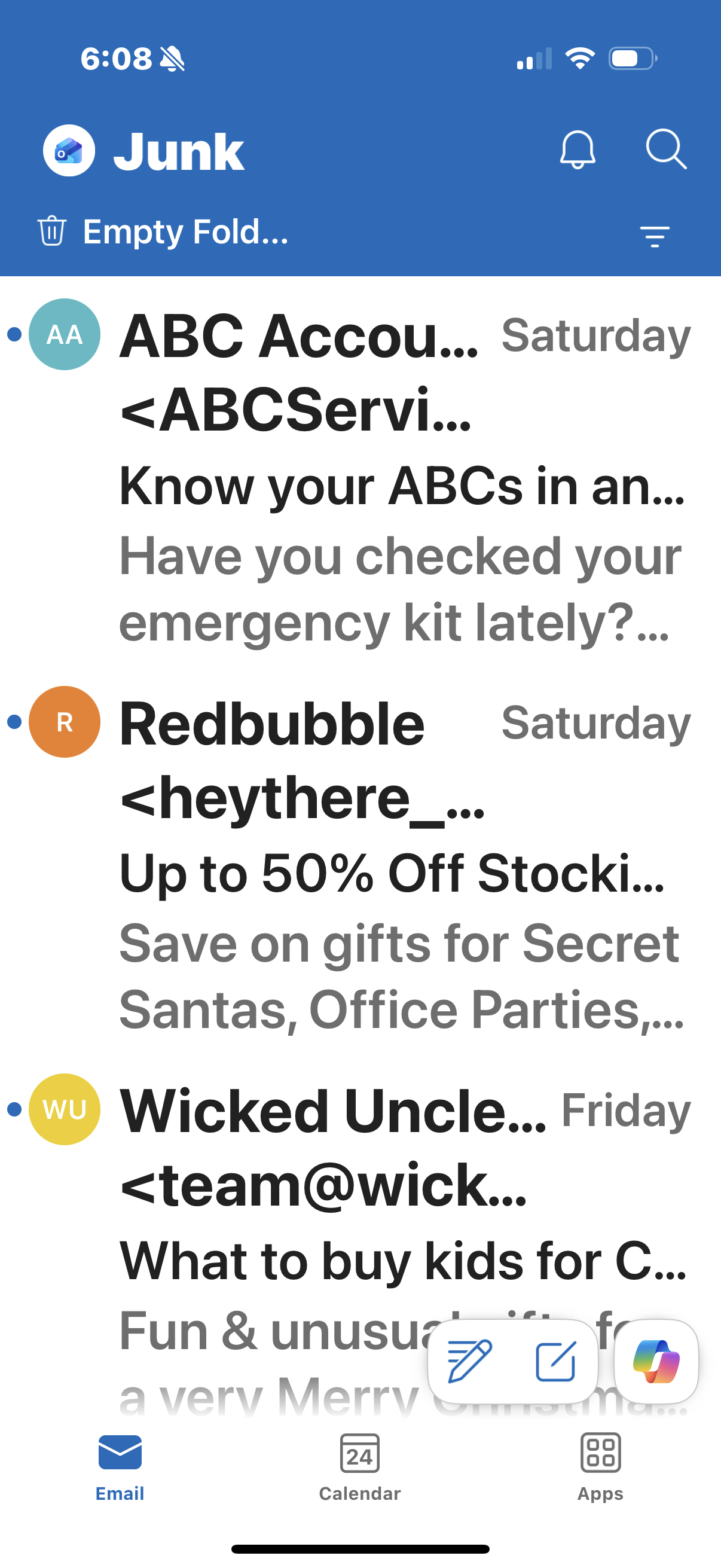 Image of an iPhone screen displaying an email inbox. The text is significantly bigger than usual.