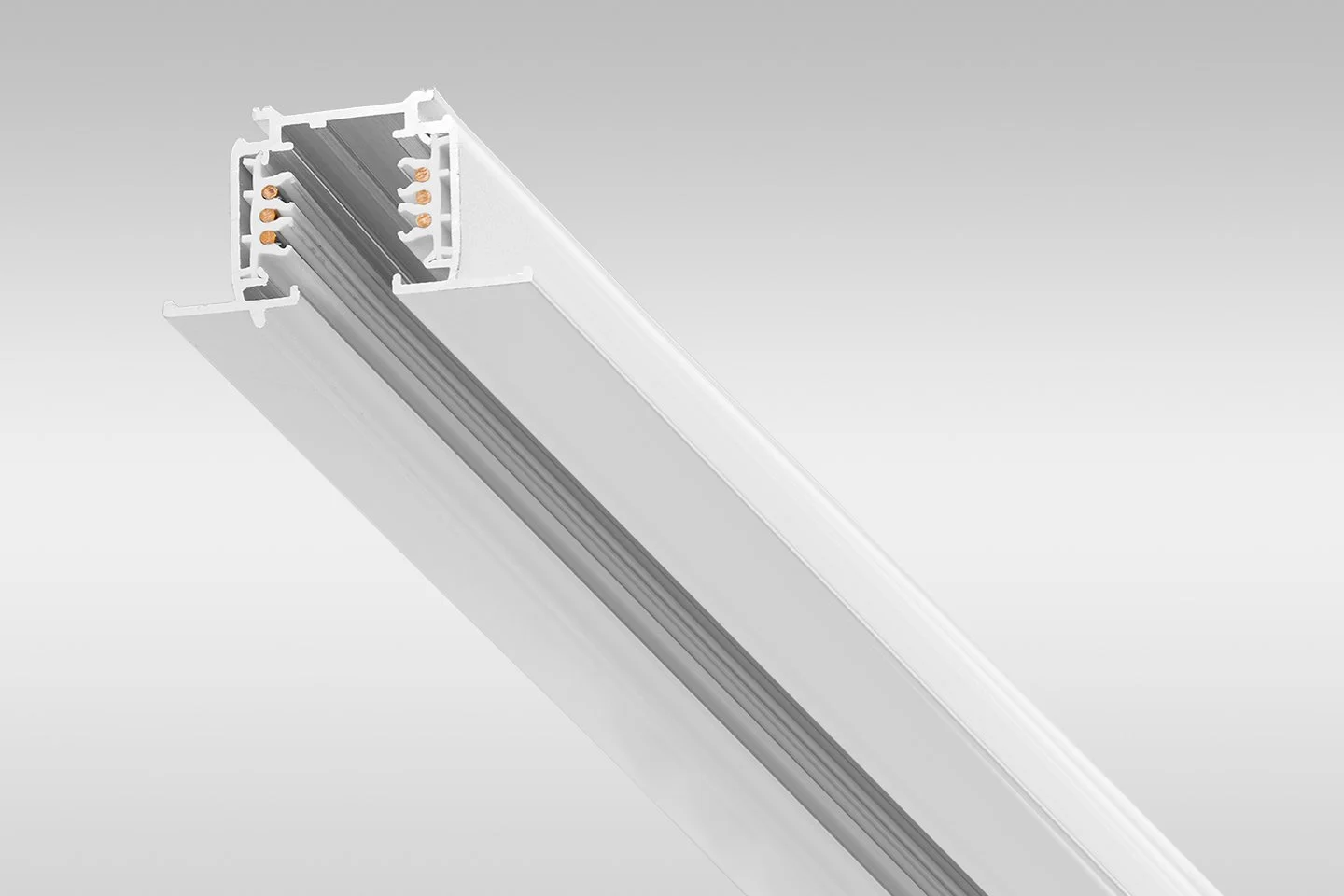 Close-up of a white electrical conduit with a metal track inside.
