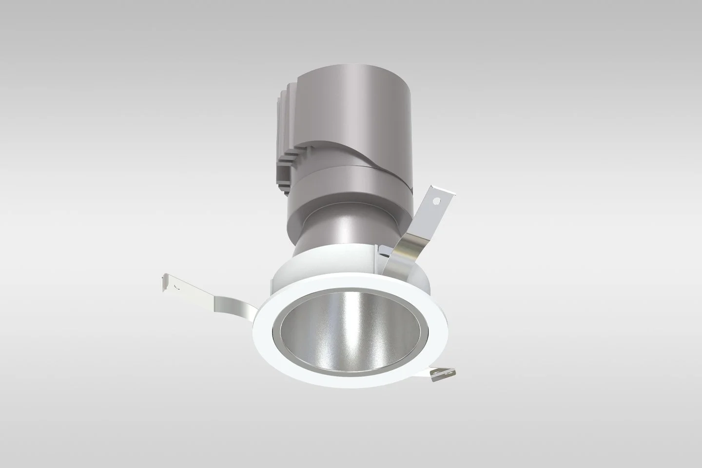 A modern ceiling recessed light fixture with a metallic finish and white trim.
