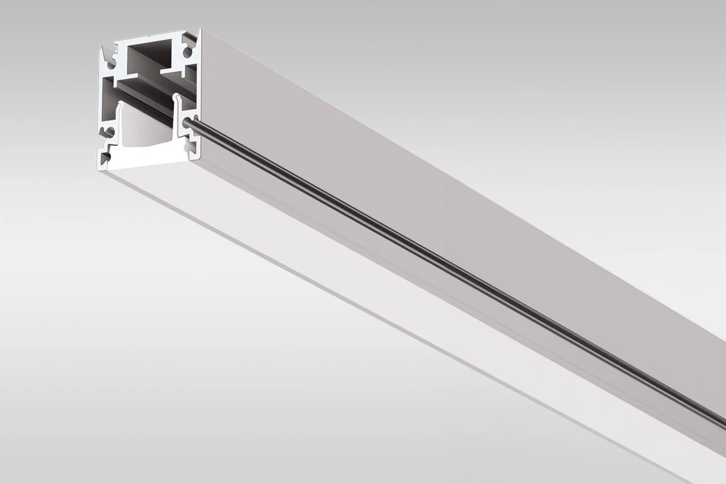 Close-up of a white aluminum track system with a sliding rail for mounting and sliding mechanisms.