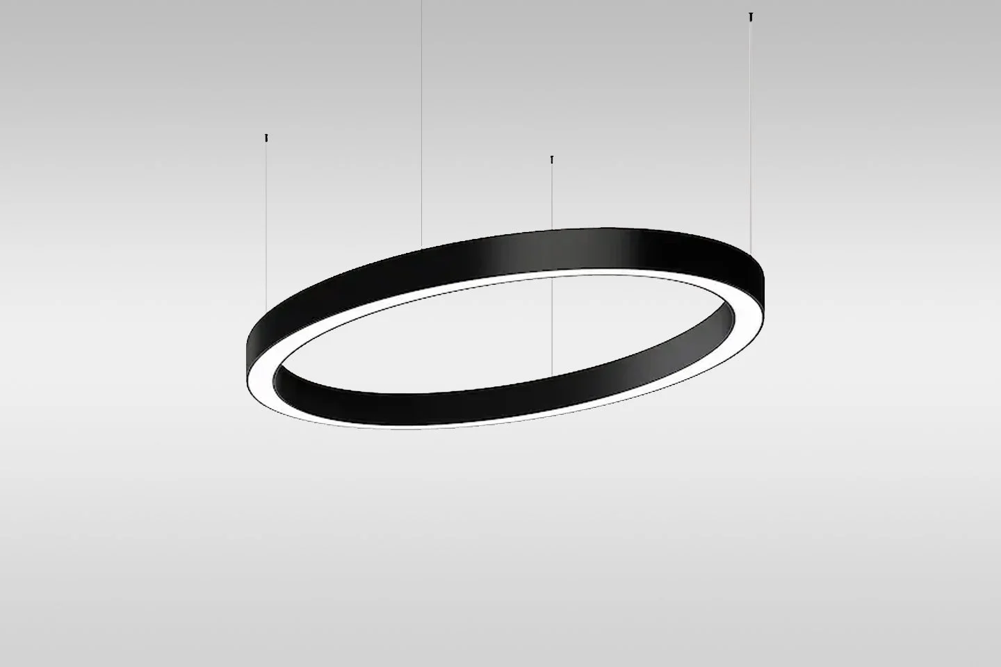 Modern black and white circular LED pendant light fixture hanging from the ceiling.