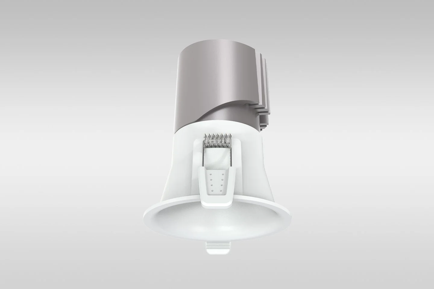 Close-up of a modern, minimalist shower head with a white and gray design, mounted on a plain background.