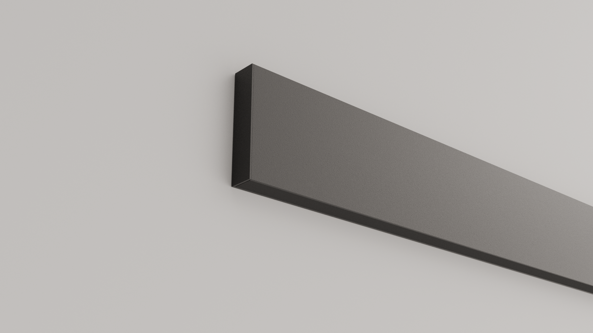 Close-up of a modern, rectangular, gray vent cover on a light gray ceiling.