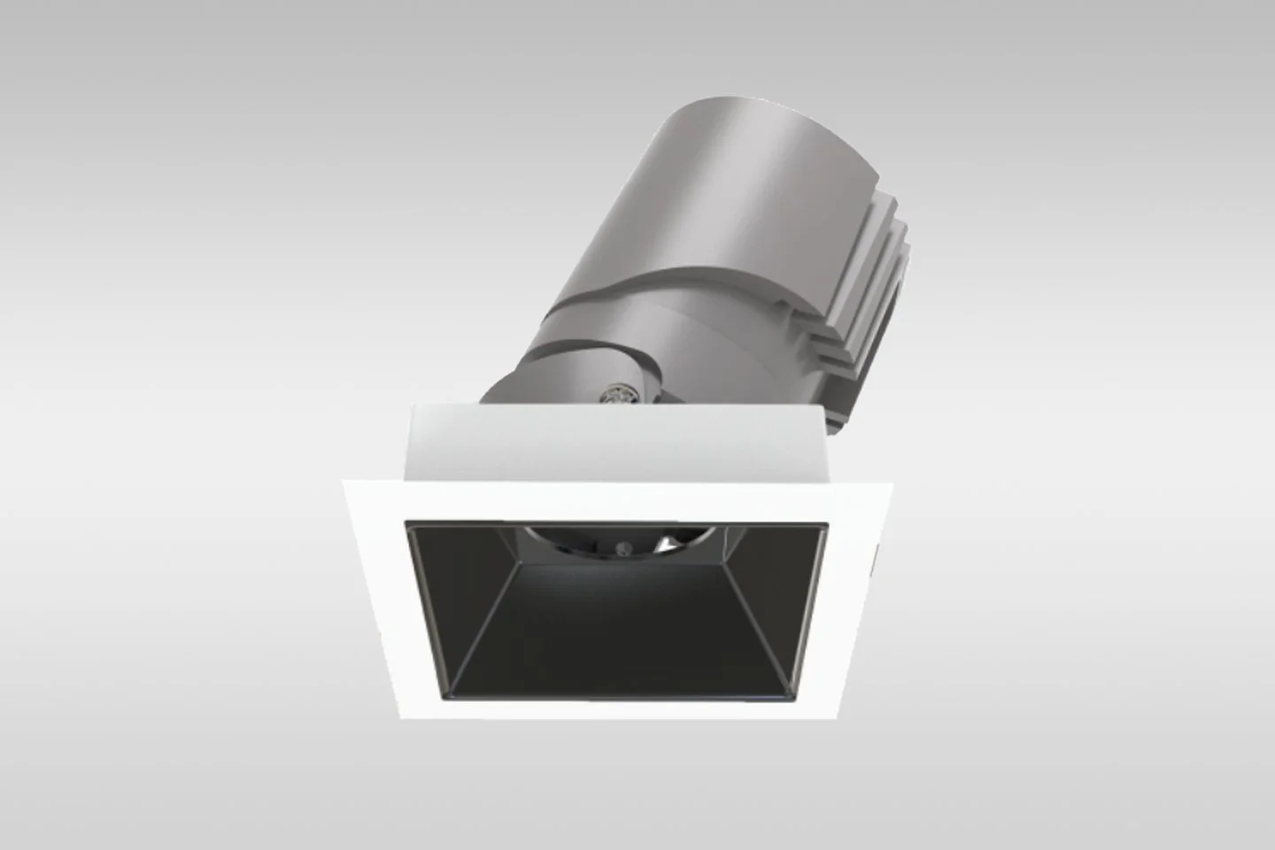 A modern ceiling-mounted spotlight fixture with a white square trim and a black interior, featuring an adjustable cylindrical light head.