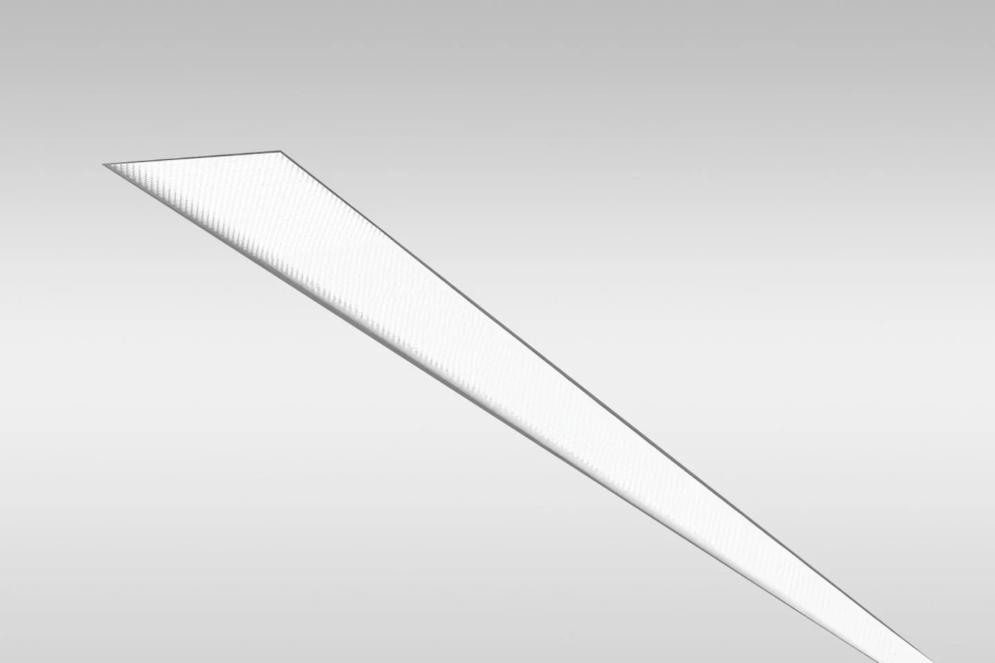 Close-up view of a rectangular LED panel light on a ceiling, emitting bright white light against a gray background.