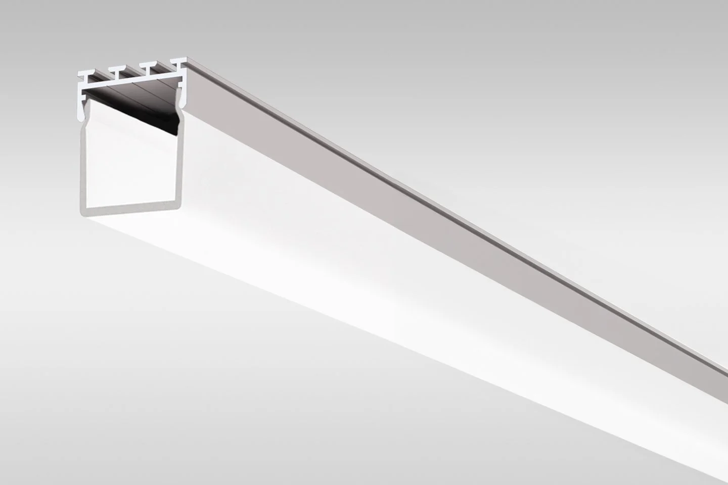 Minimalist ceiling-mounted LED light fixture with a rectangular shape and sleek design.