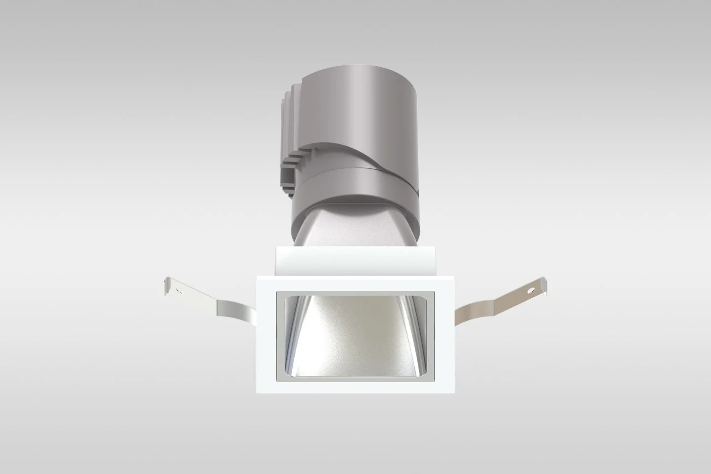 A modern recessed square LED downlight with metallic parts and adjustable mounting brackets.