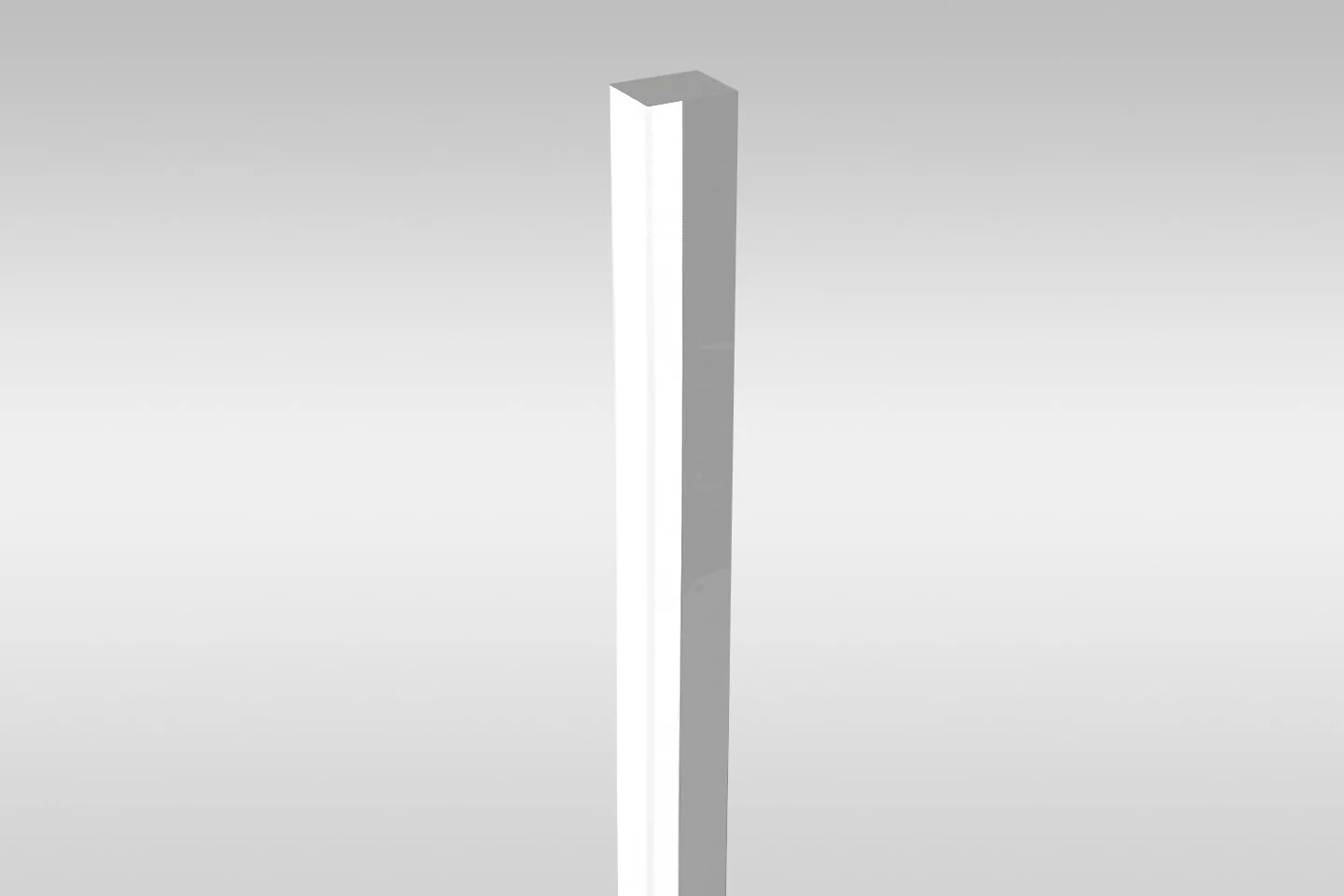 A three-dimensional, L-shaped metallic object standing upright on a gray gradient background.