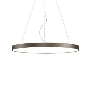 A modern, circular, suspended LED light fixture.