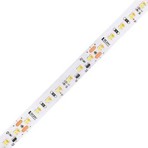 Close-up of an LED strip light with yellow, white, and black components and small orange and black elements along its length.
