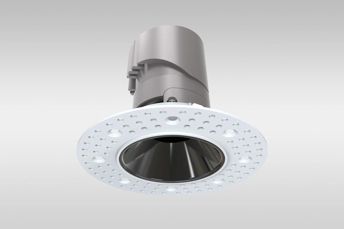 A modern, metallic ceiling projector with a white mounting plate.