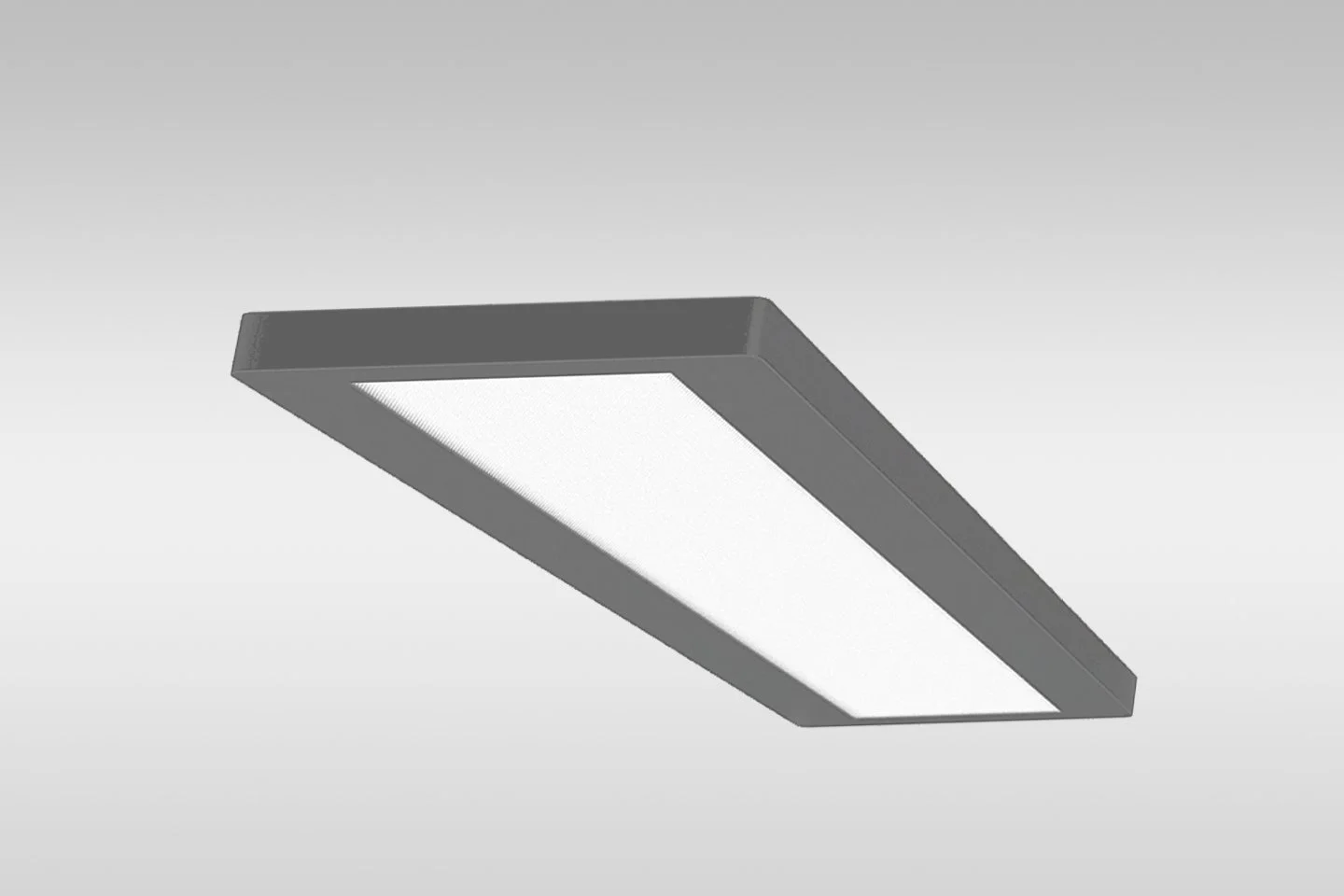 A rectangular LED panel ceiling light with a dark gray frame and a white illuminated center, viewed from below.