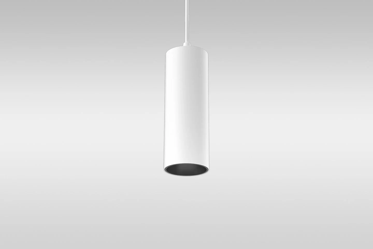 A minimalist white hanging pendant light fixture with a black interior, suspended from the ceiling.