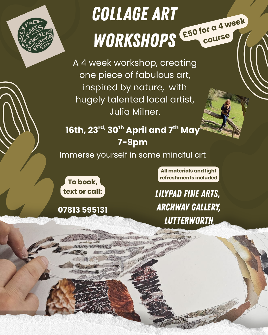 Flyer promoting collage art workshops, featuring green and beige color scheme, with images of a person imaging nature, and someone creating art, including a collage in progress.