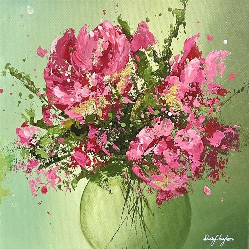 Abstract painting of a pink flower bouquet in a green vase on a green background.