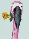 Cartoon pink flamingo holding a yellow flower with a green stem in its beak