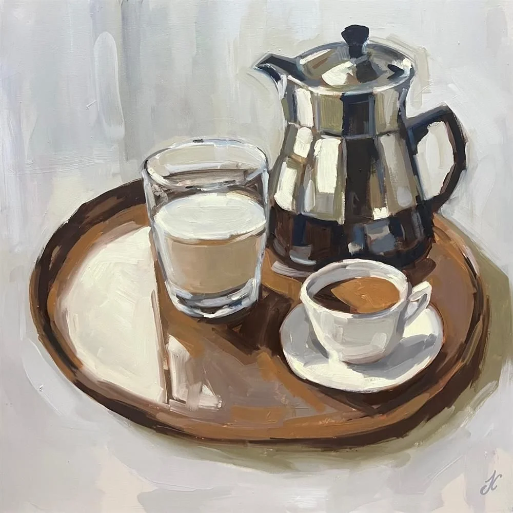 An oil painting of a breakfast scene with a glass of milk, a cup of coffee, and a metallic coffee pot on a wooden tray.