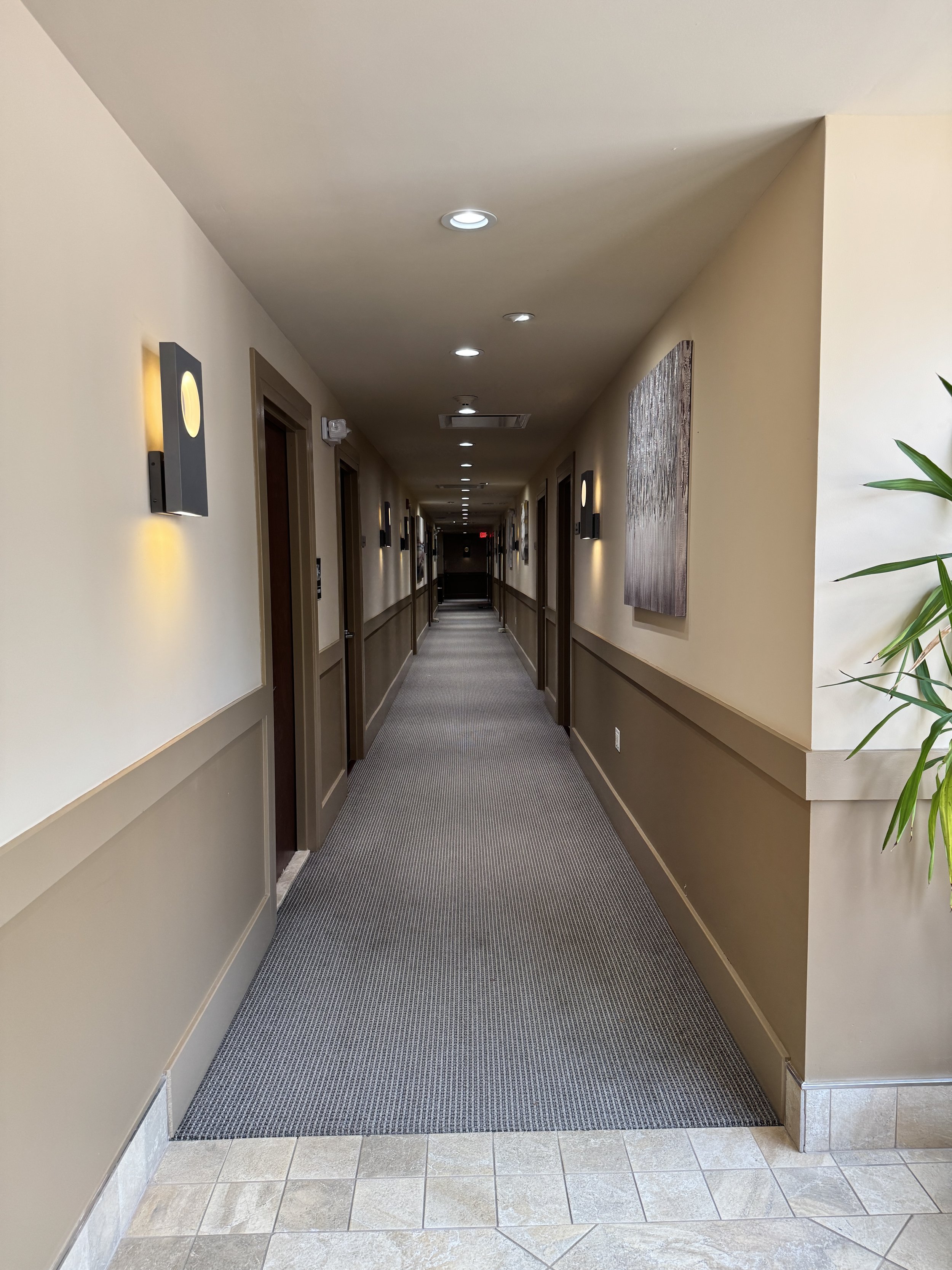 Quiet interior hallway lined with modern lighting leading toward private therapy suites waiting room in Montclair.